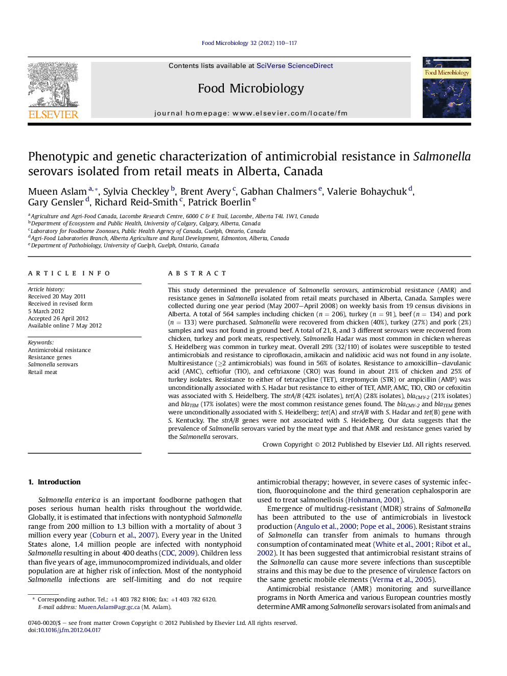 Phenotypic and genetic characterization of antimicrobial resistance in Salmonella serovars isolated from retail meats in Alberta, Canada