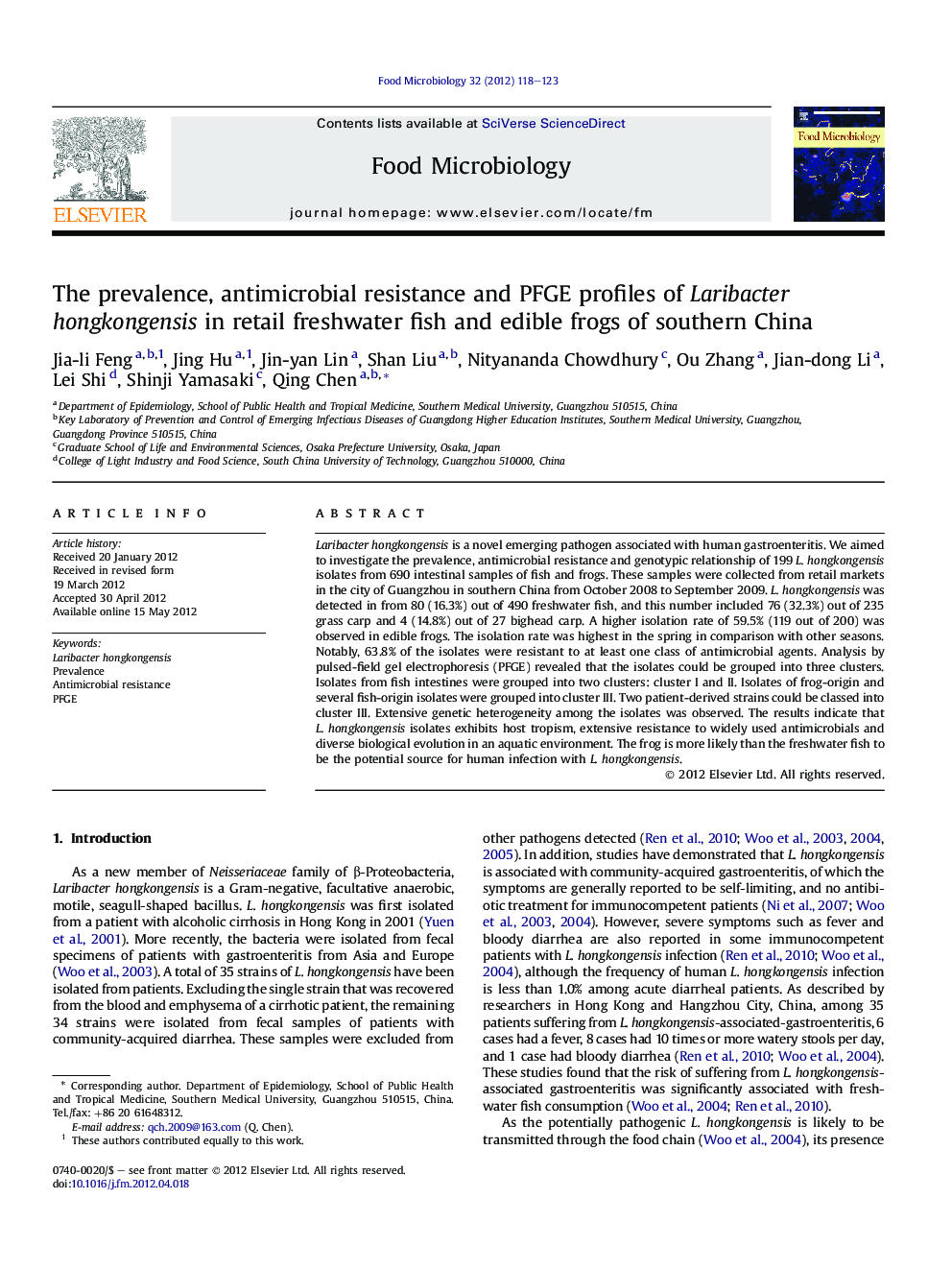 The prevalence, antimicrobial resistance and PFGE profiles of Laribacter hongkongensis in retail freshwater fish and edible frogs of southern China