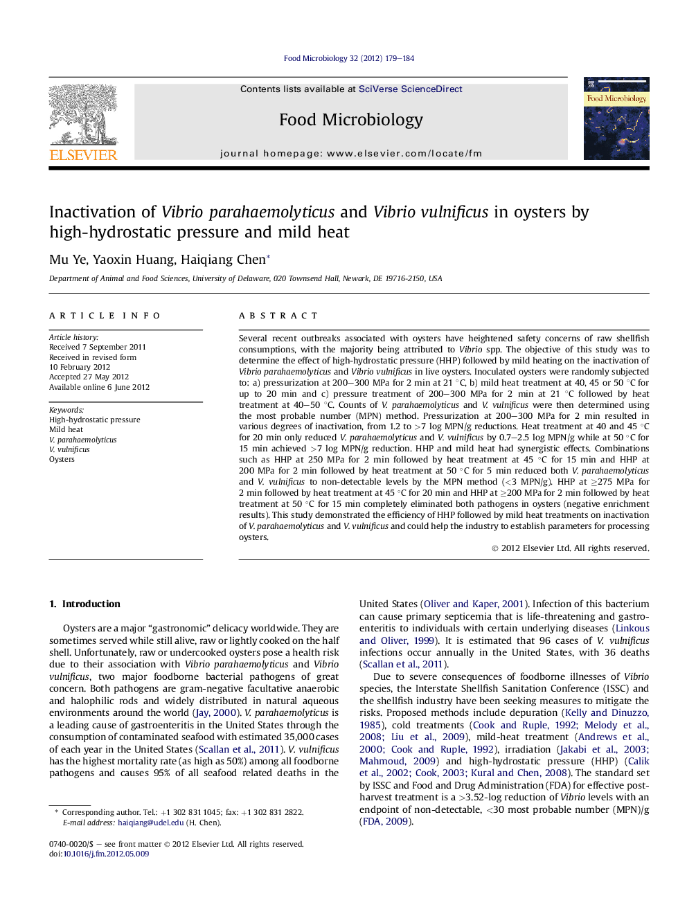 Inactivation of Vibrio parahaemolyticus and Vibrio vulnificus in oysters by high-hydrostatic pressure and mild heat