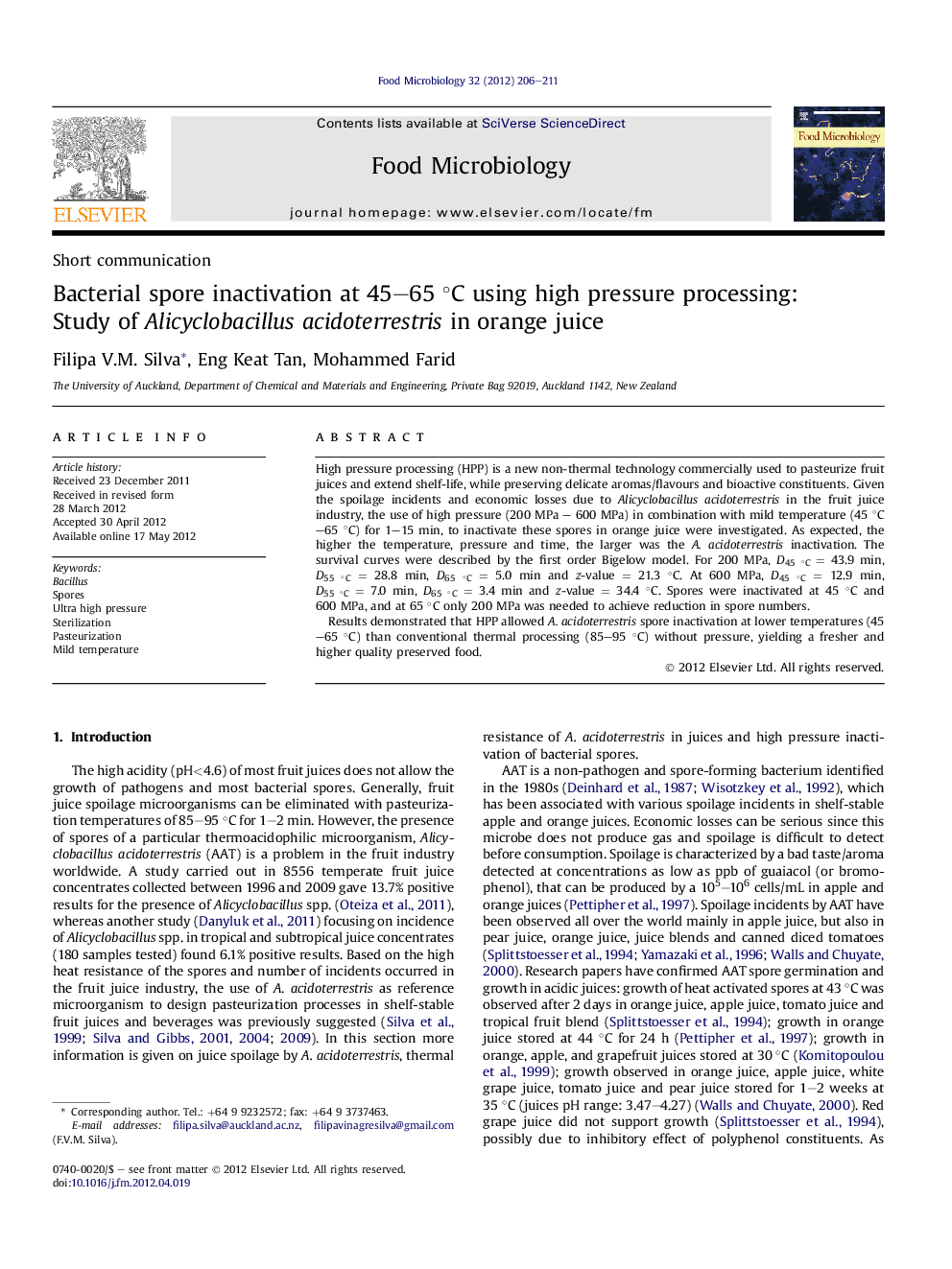 Bacterial spore inactivation at 45–65 °C using high pressure processing: Study of Alicyclobacillus acidoterrestris in orange juice