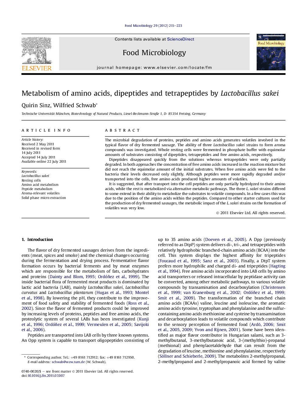 Metabolism of amino acids, dipeptides and tetrapeptides by Lactobacillus sakei