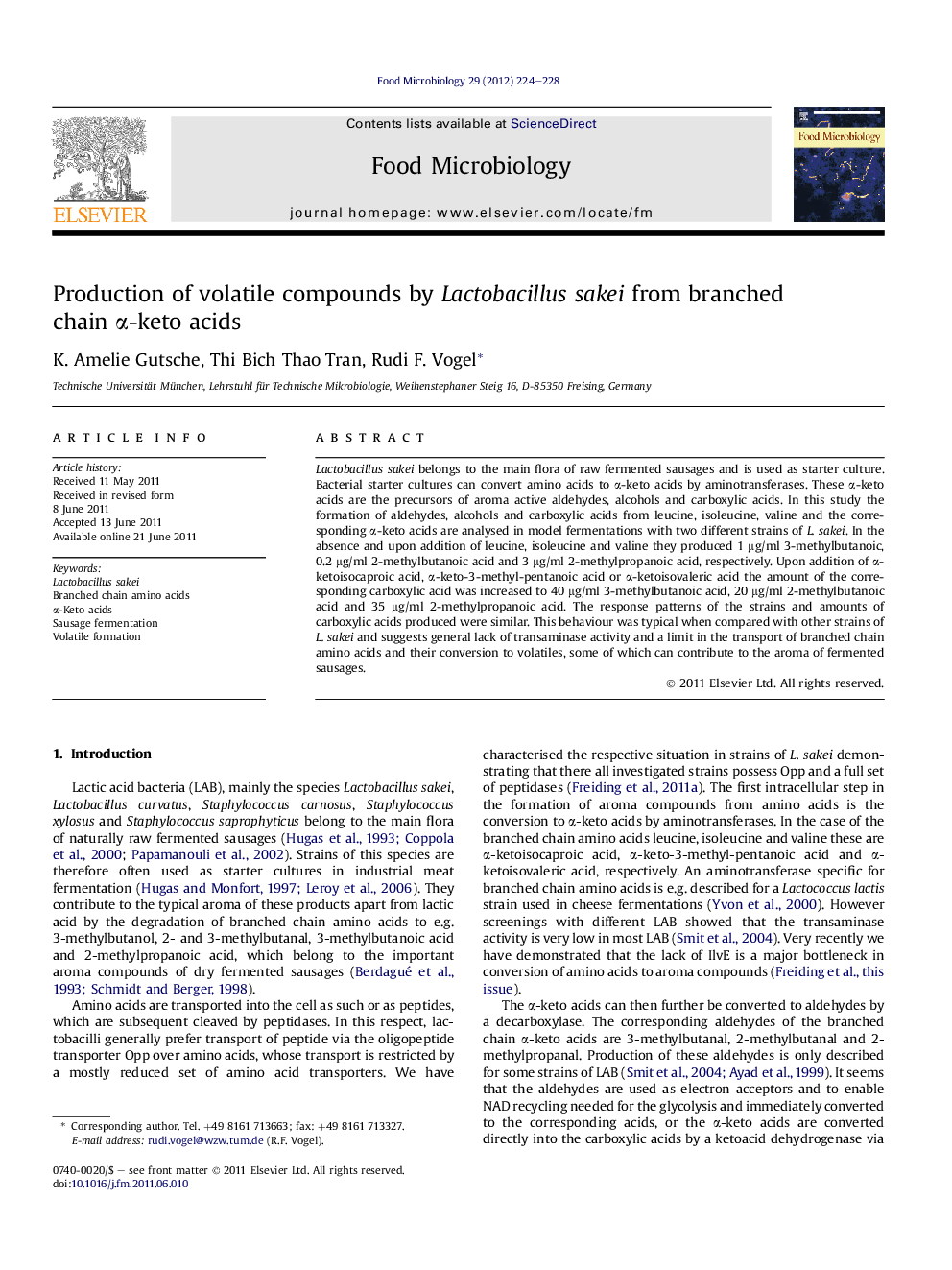 Production of volatile compounds by Lactobacillus sakei from branched chain α-keto acids