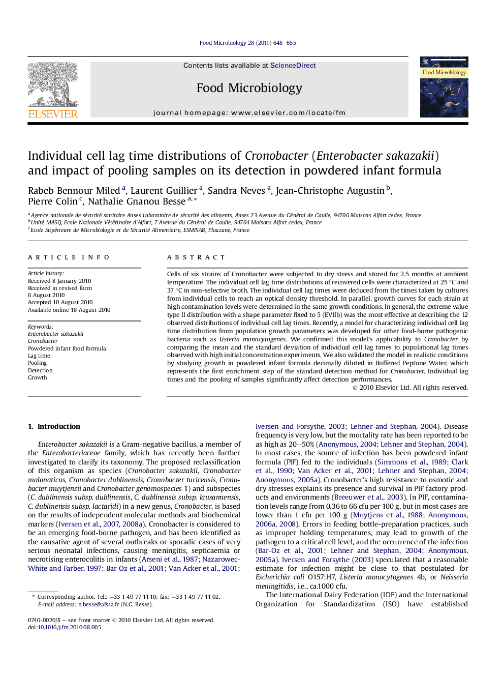 Individual cell lag time distributions of Cronobacter (Enterobacter sakazakii) and impact of pooling samples on its detection in powdered infant formula