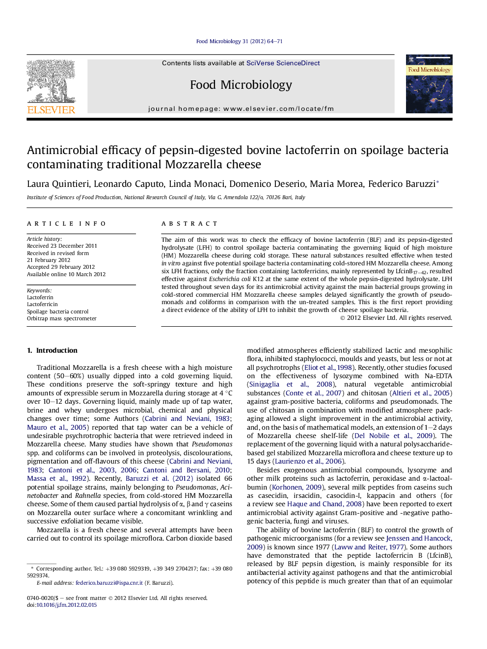 Antimicrobial efficacy of pepsin-digested bovine lactoferrin on spoilage bacteria contaminating traditional Mozzarella cheese