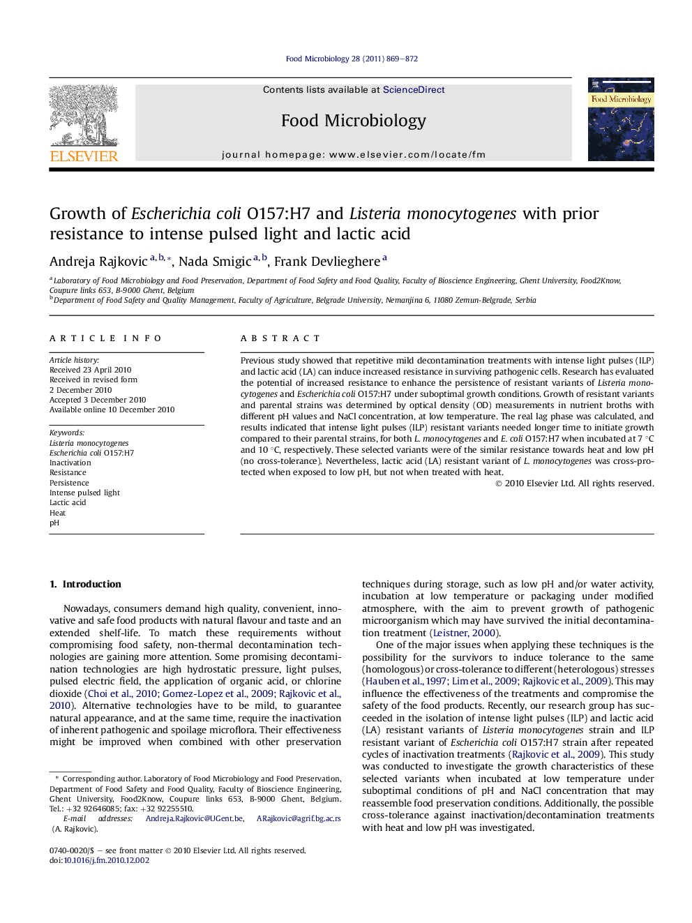 Growth of Escherichia coli O157:H7 and Listeria monocytogenes with prior resistance to intense pulsed light and lactic acid