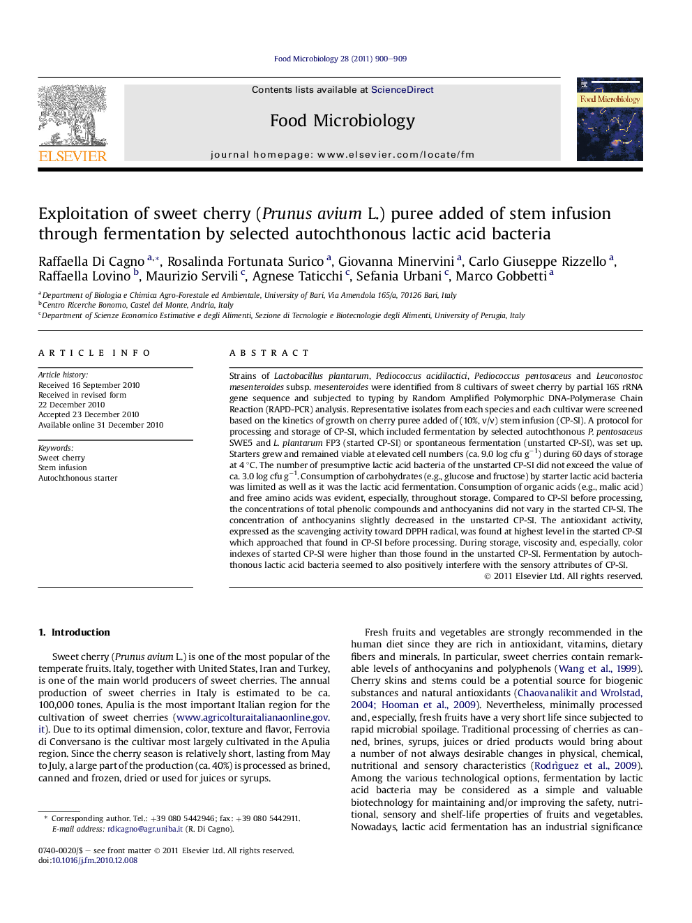 Exploitation of sweet cherry (Prunus avium L.) puree added of stem infusion through fermentation by selected autochthonous lactic acid bacteria