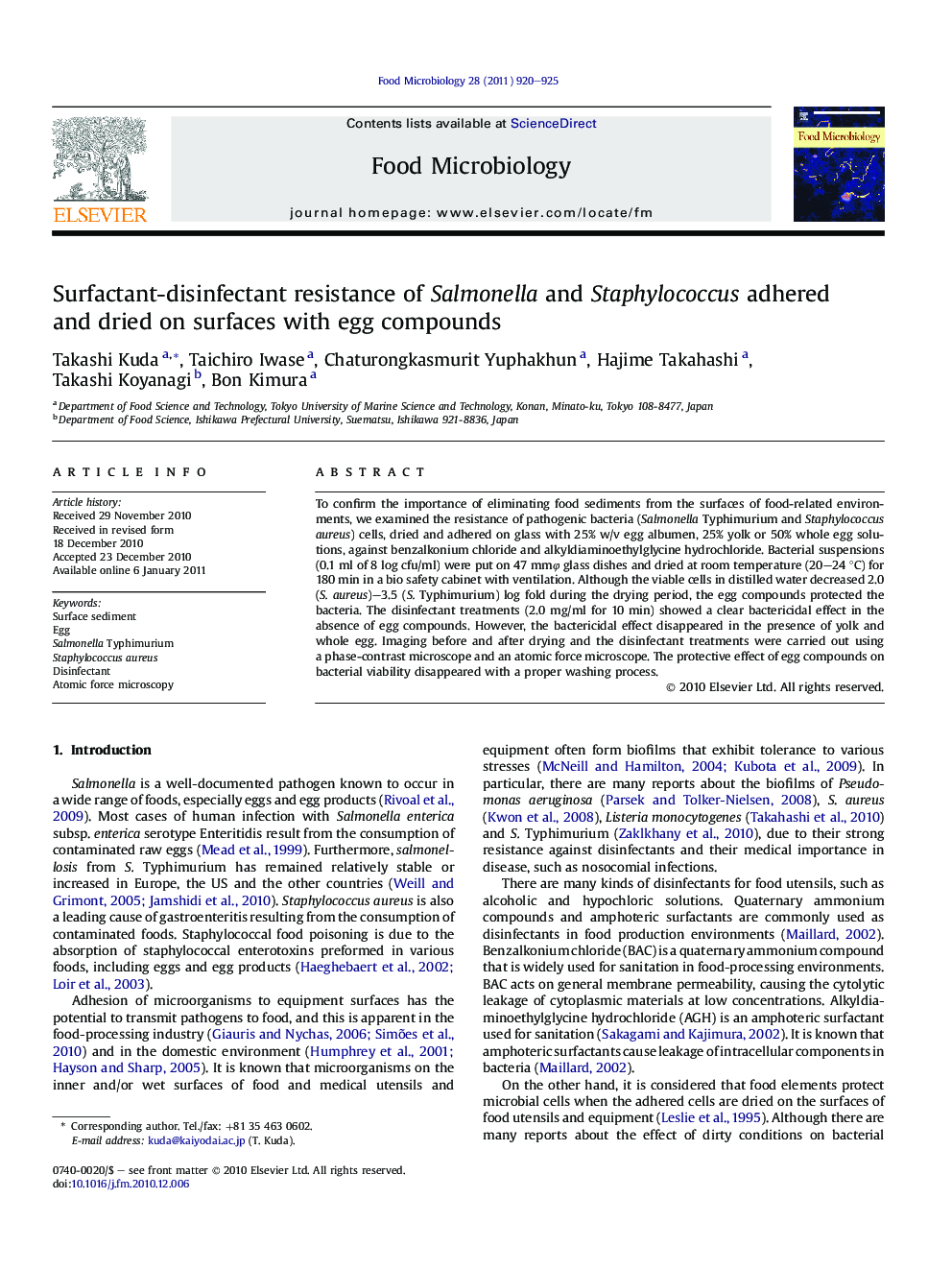 Surfactant-disinfectant resistance of Salmonella and Staphylococcus adhered and dried on surfaces with egg compounds