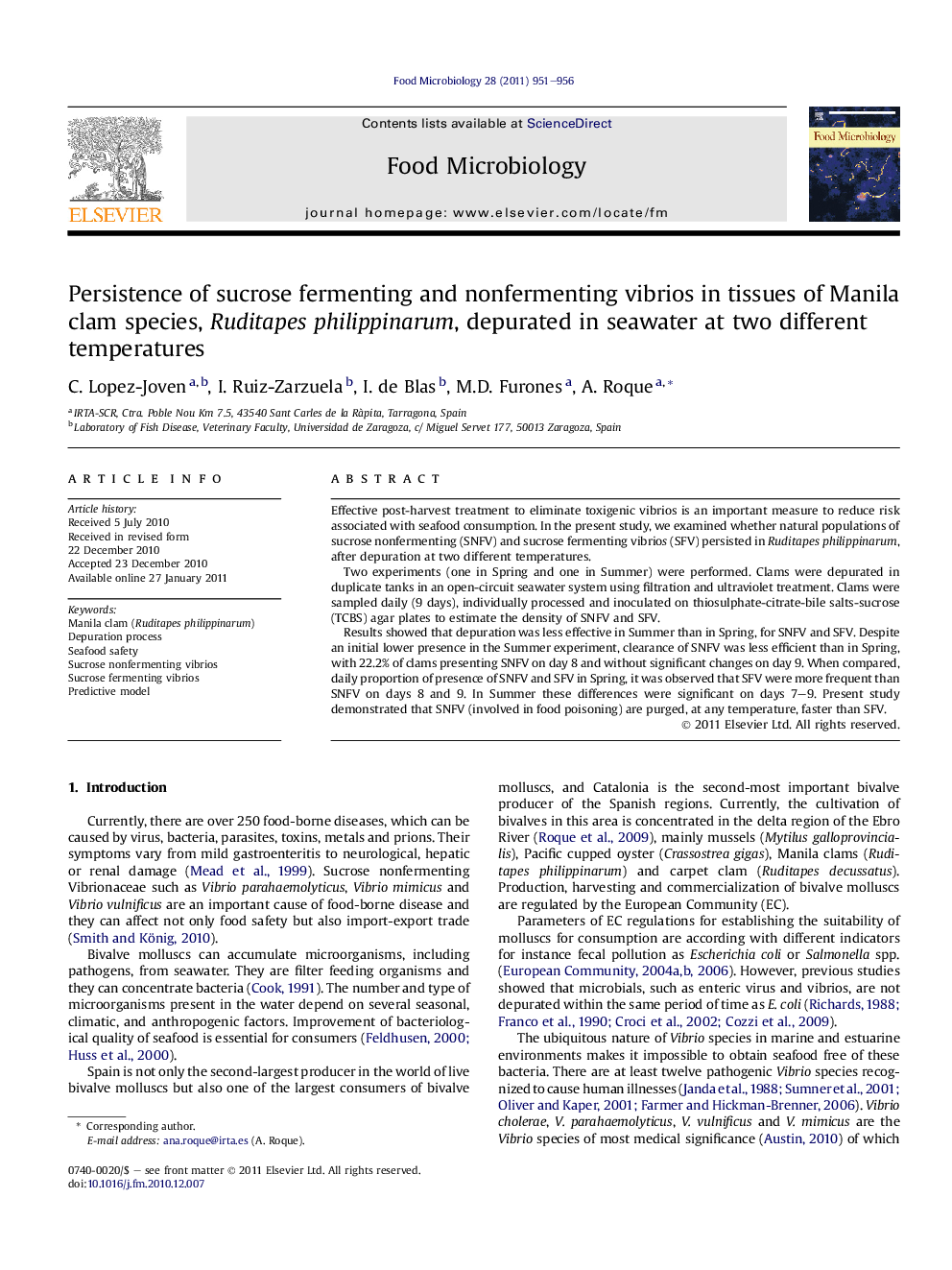 Persistence of sucrose fermenting and nonfermenting vibrios in tissues of Manila clam species, Ruditapes philippinarum, depurated in seawater at two different temperatures