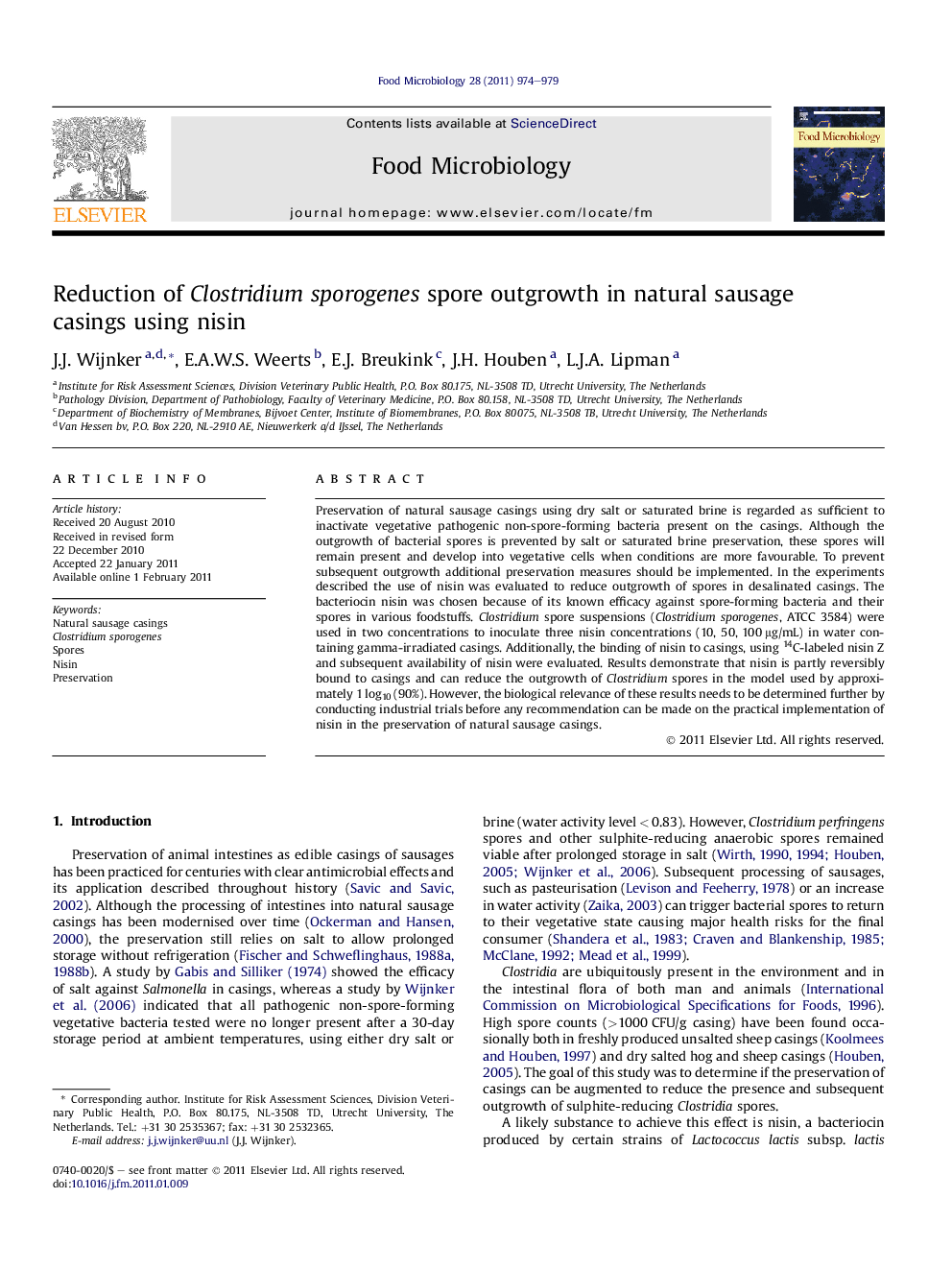 Reduction of Clostridium sporogenes spore outgrowth in natural sausage casings using nisin