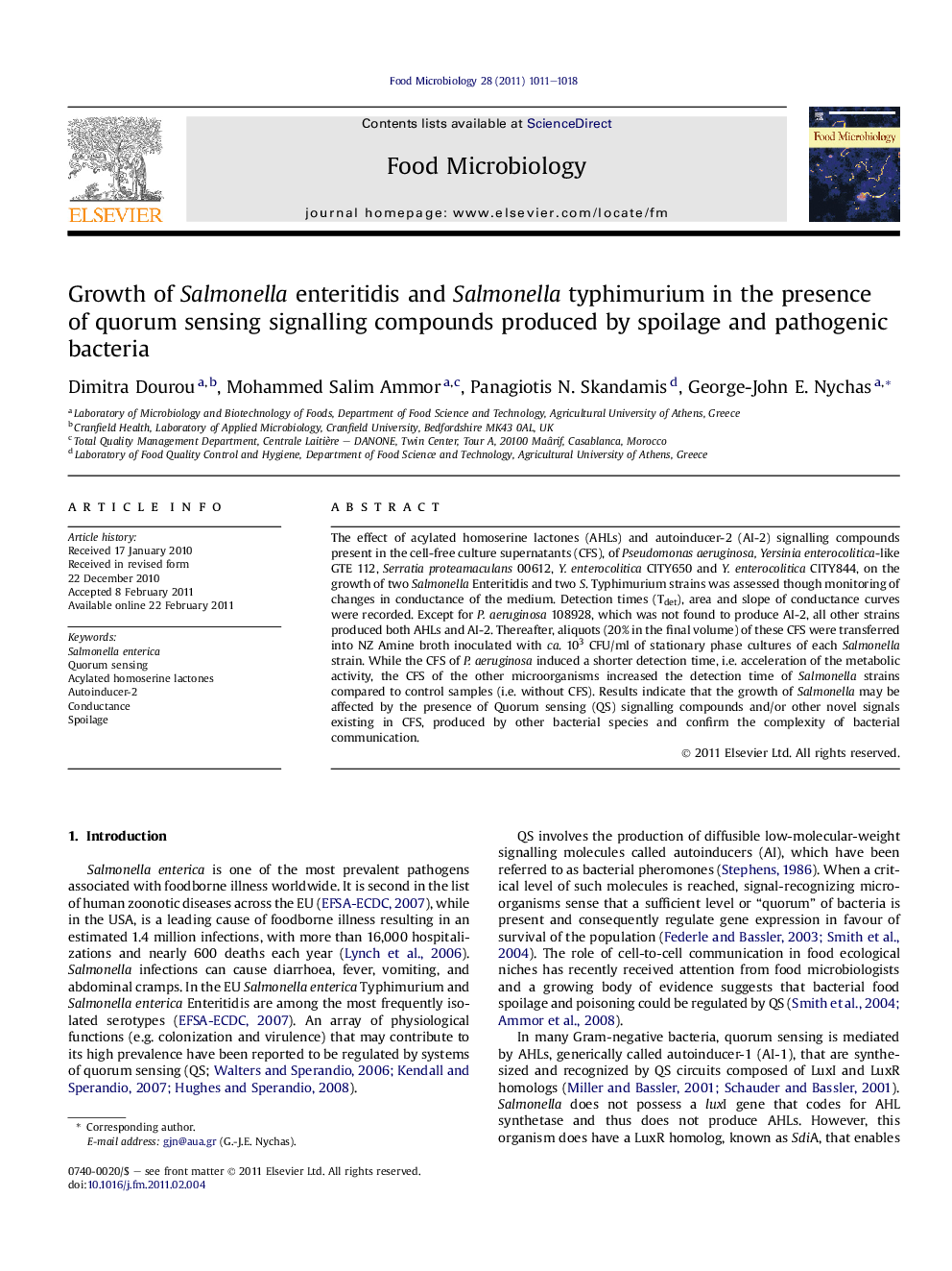 Growth of Salmonella enteritidis and Salmonella typhimurium in the presence of quorum sensing signalling compounds produced by spoilage and pathogenic bacteria