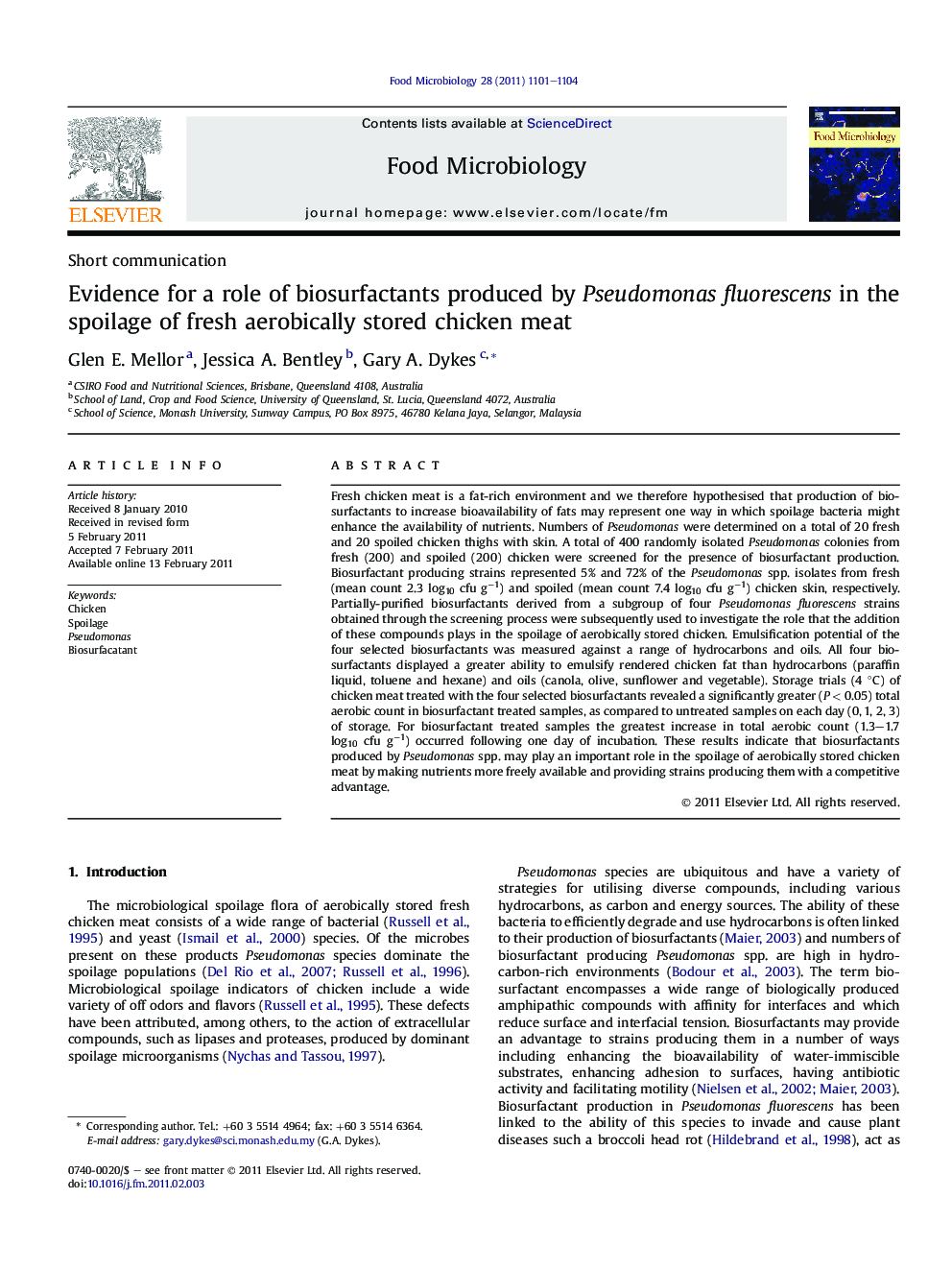 Evidence for a role of biosurfactants produced by Pseudomonas fluorescens in the spoilage of fresh aerobically stored chicken meat