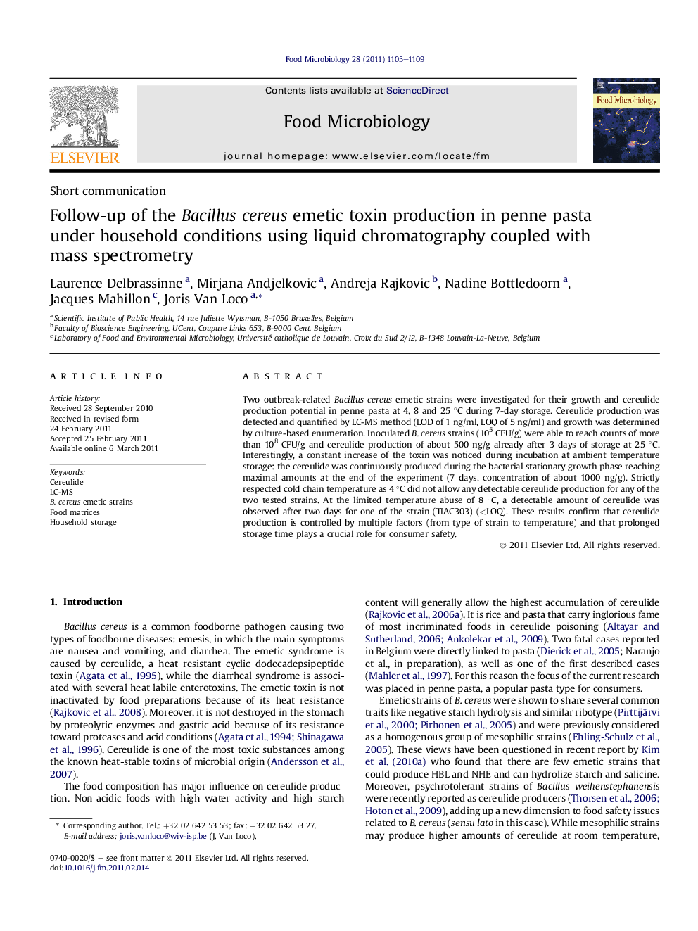 Follow-up of the Bacillus cereus emetic toxin production in penne pasta under household conditions using liquid chromatography coupled with mass spectrometry