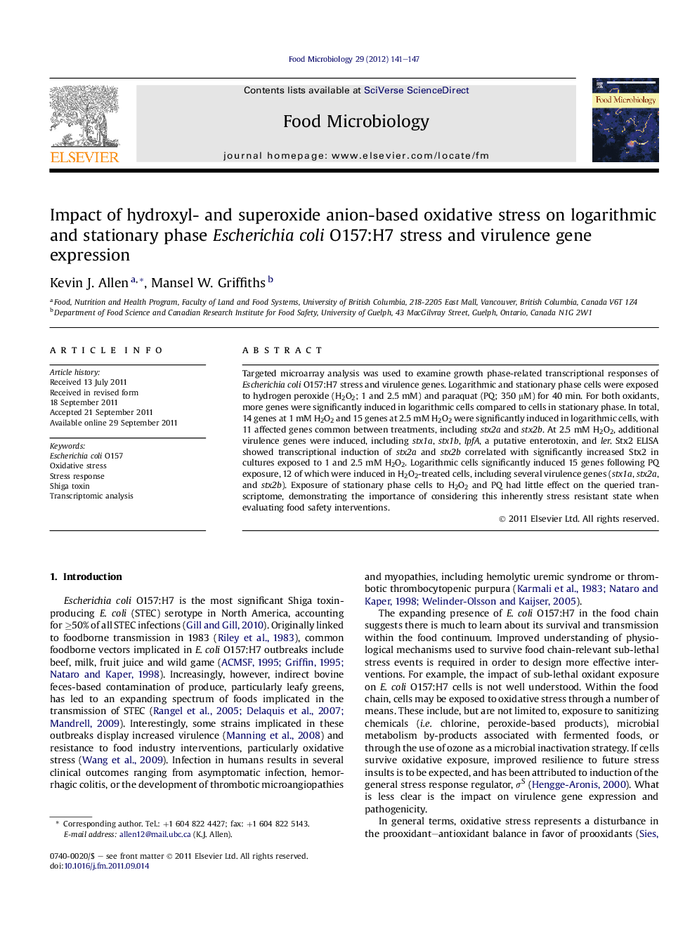 Impact of hydroxyl- and superoxide anion-based oxidative stress on logarithmic and stationary phase Escherichia coli O157:H7 stress and virulence gene expression