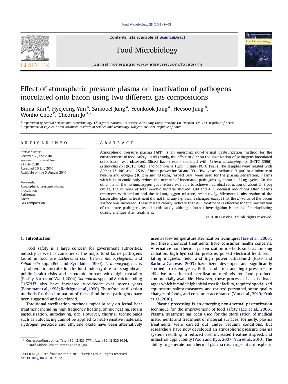 Effect of atmospheric pressure plasma on inactivation of pathogens inoculated onto bacon using two different gas compositions