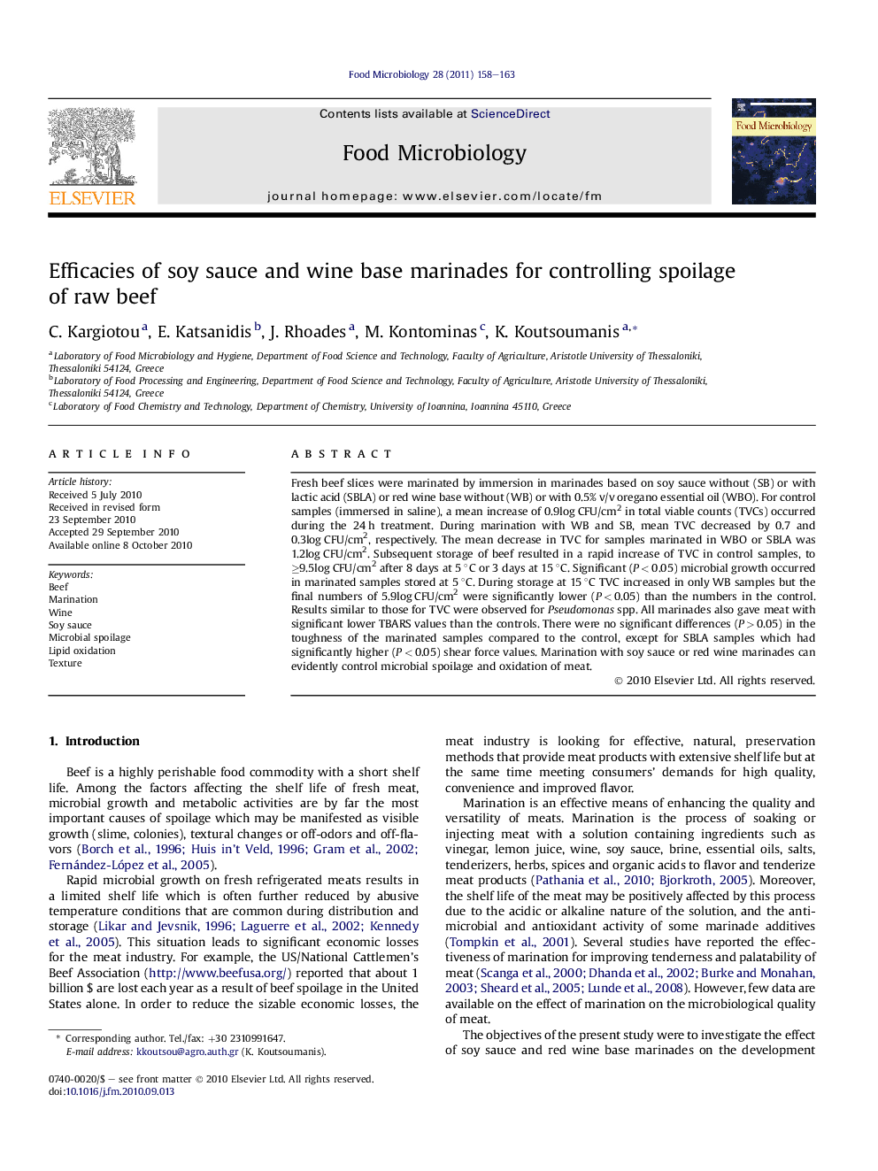 Efficacies of soy sauce and wine base marinades for controlling spoilage of raw beef