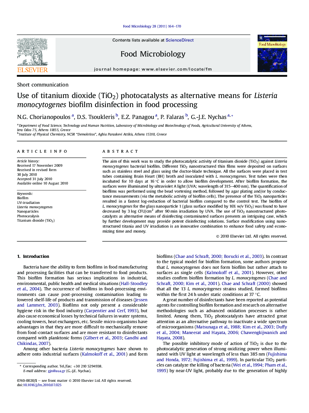 Use of titanium dioxide (TiO2) photocatalysts as alternative means for Listeria monocytogenes biofilm disinfection in food processing