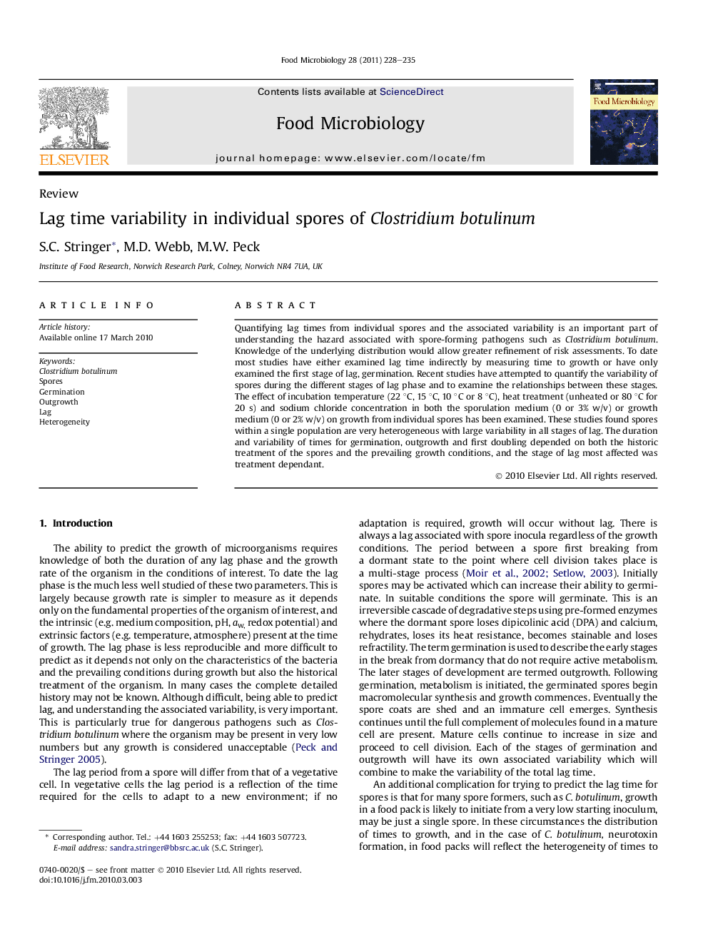 Lag time variability in individual spores of Clostridium botulinum