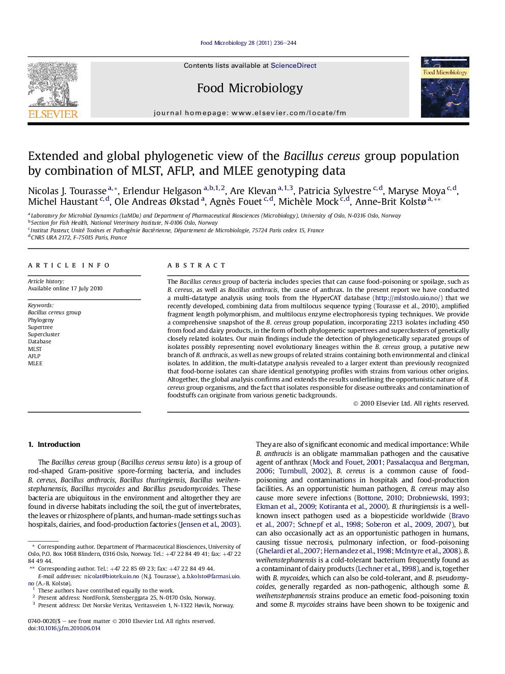 Extended and global phylogenetic view of the Bacillus cereus group population by combination of MLST, AFLP, and MLEE genotyping data