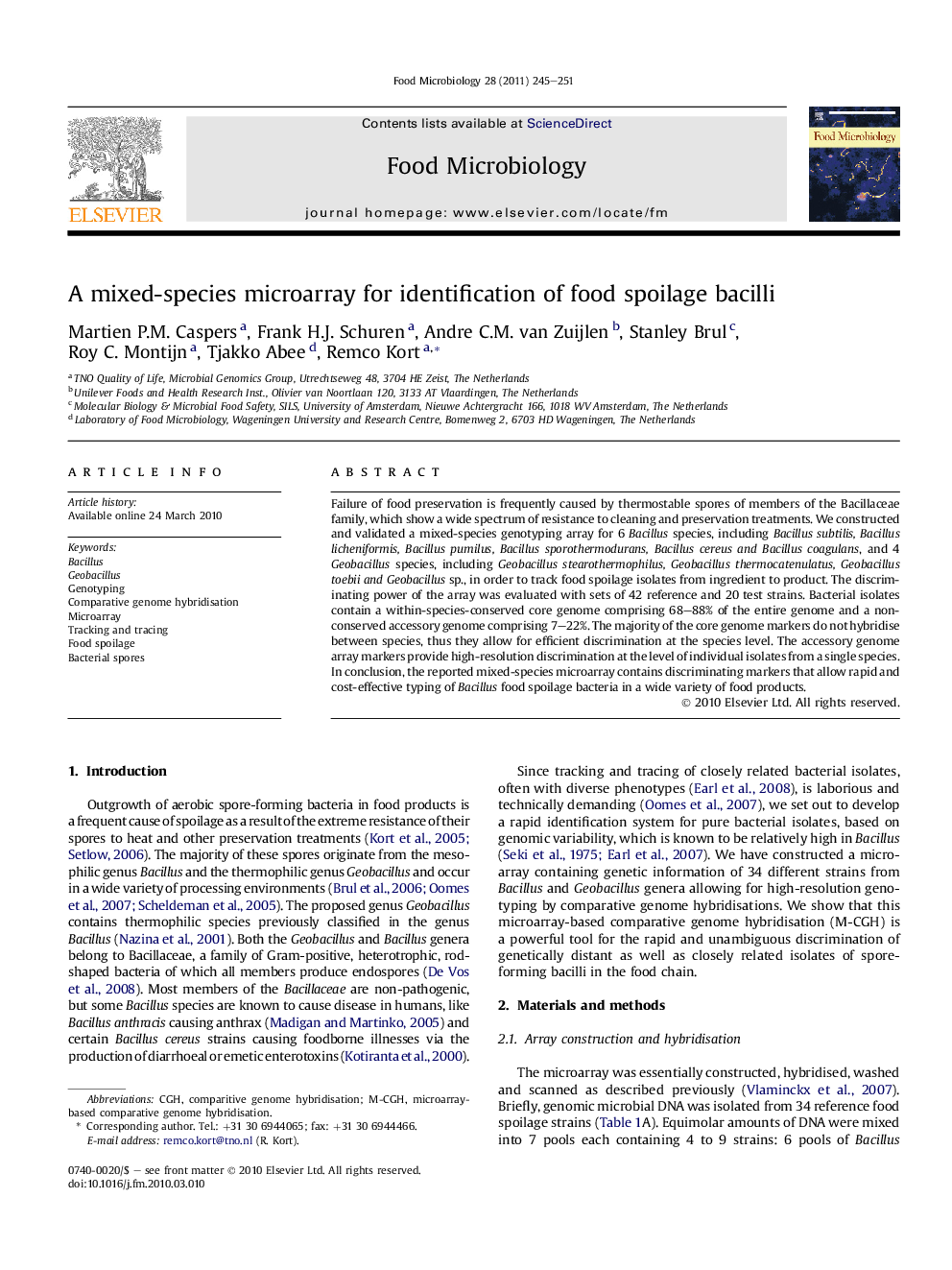 A mixed-species microarray for identification of food spoilage bacilli