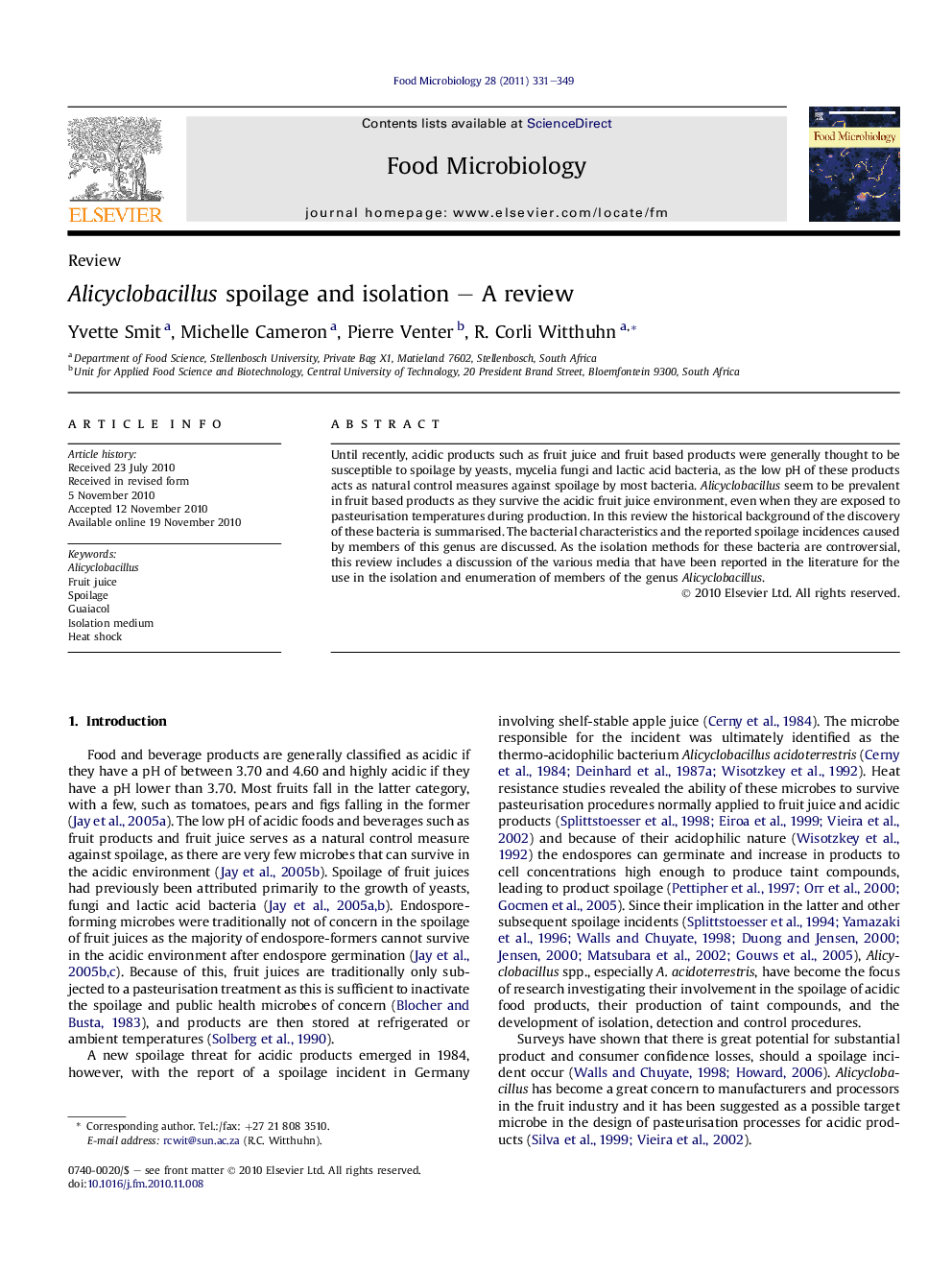 Alicyclobacillus spoilage and isolation - A review