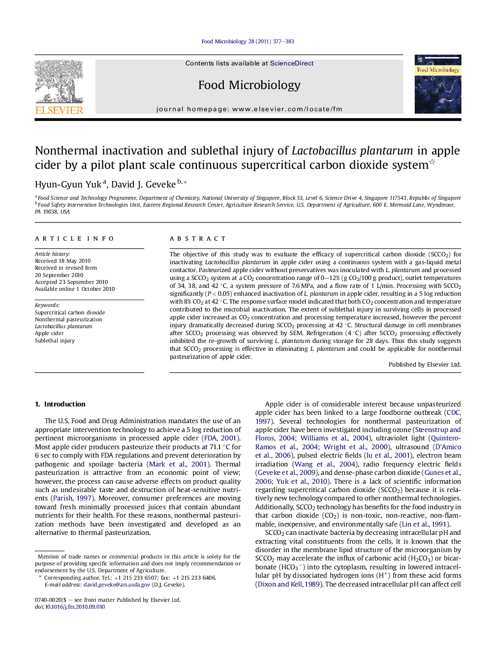 Nonthermal inactivation and sublethal injury of Lactobacillus plantarum in apple cider by a pilot plant scale continuous supercritical carbon dioxide system 