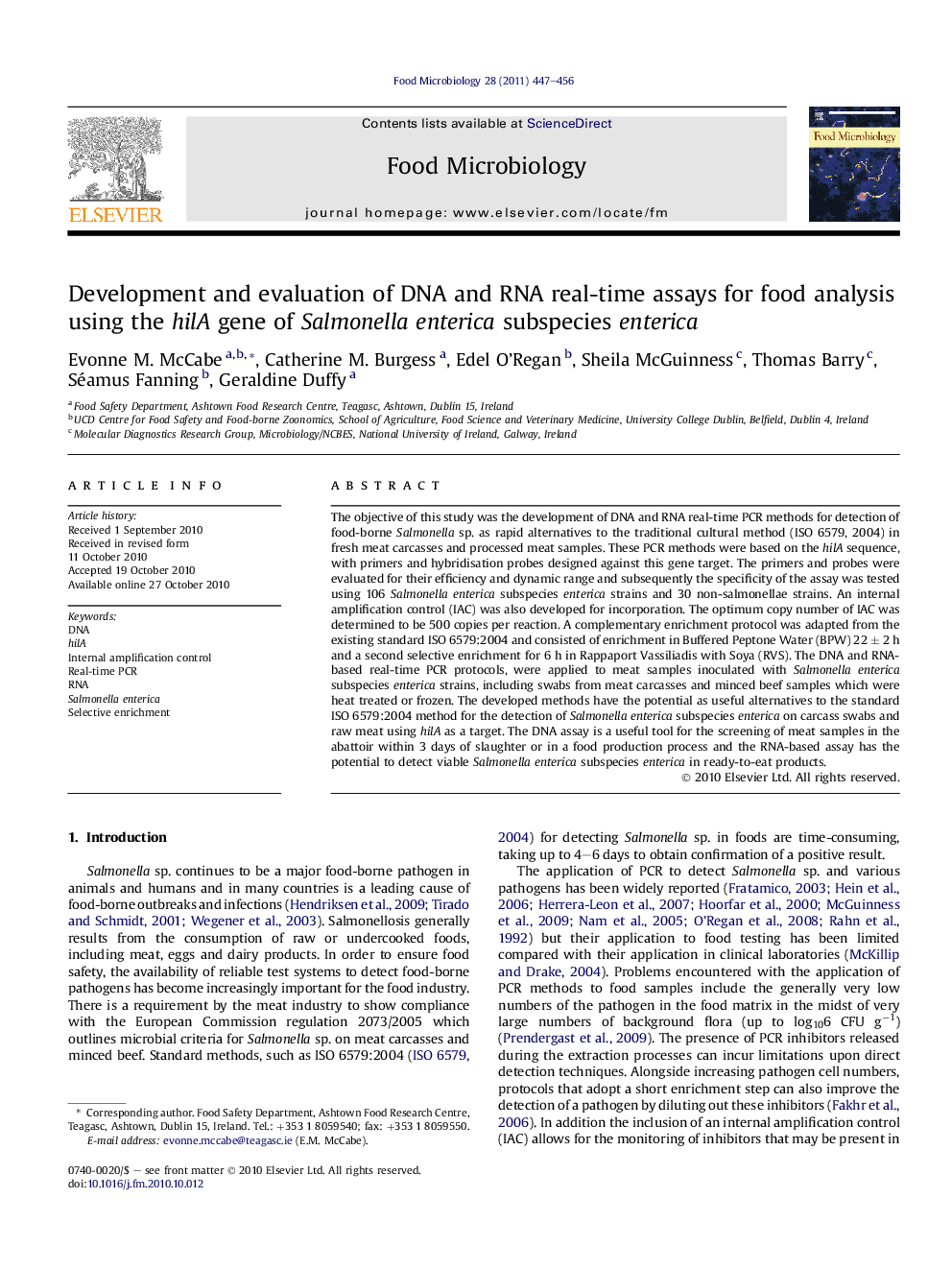 Development and evaluation of DNA and RNA real-time assays for food analysis using the hilA gene of Salmonella enterica subspecies enterica