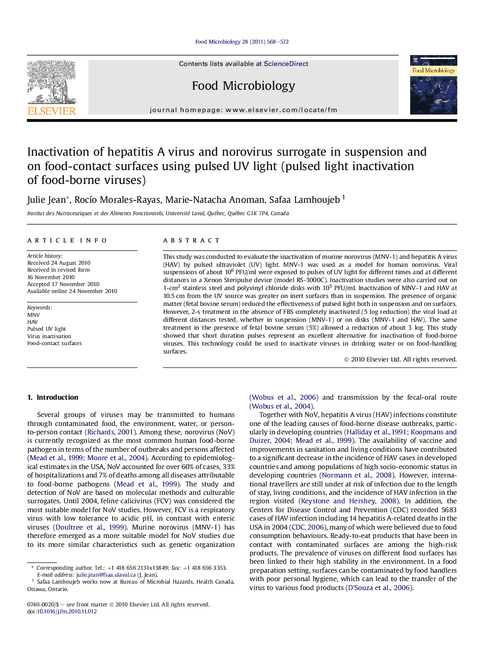 Inactivation of hepatitis A virus and norovirus surrogate in suspension and onÂ food-contact surfaces using pulsed UV light (pulsed light inactivation of food-borne viruses)