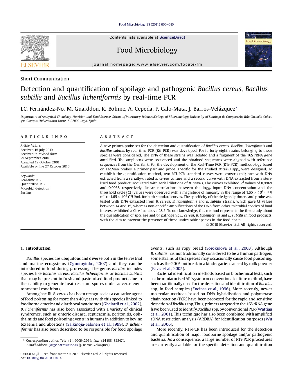 Detection and quantification of spoilage and pathogenic Bacillus cereus, Bacillus subtilis and Bacillus licheniformis by real-time PCR