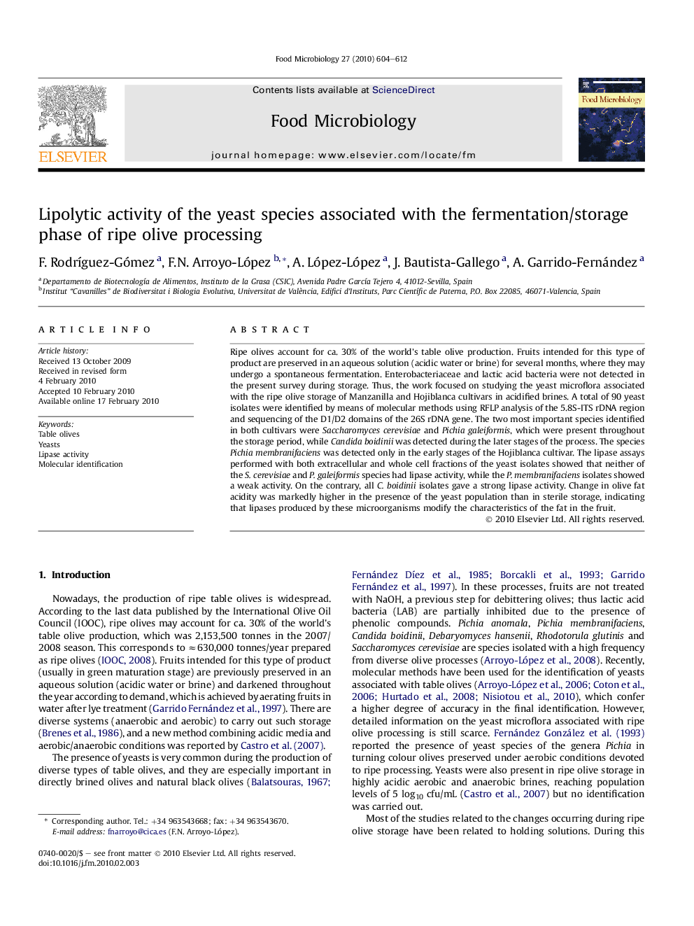 Lipolytic activity of the yeast species associated with the fermentation/storage phase of ripe olive processing