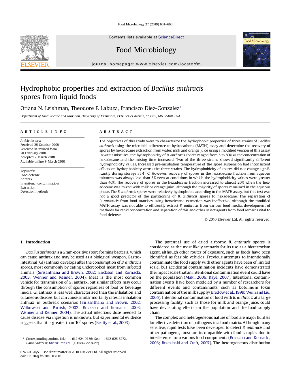 Hydrophobic properties and extraction of Bacillus anthracis spores from liquid foods