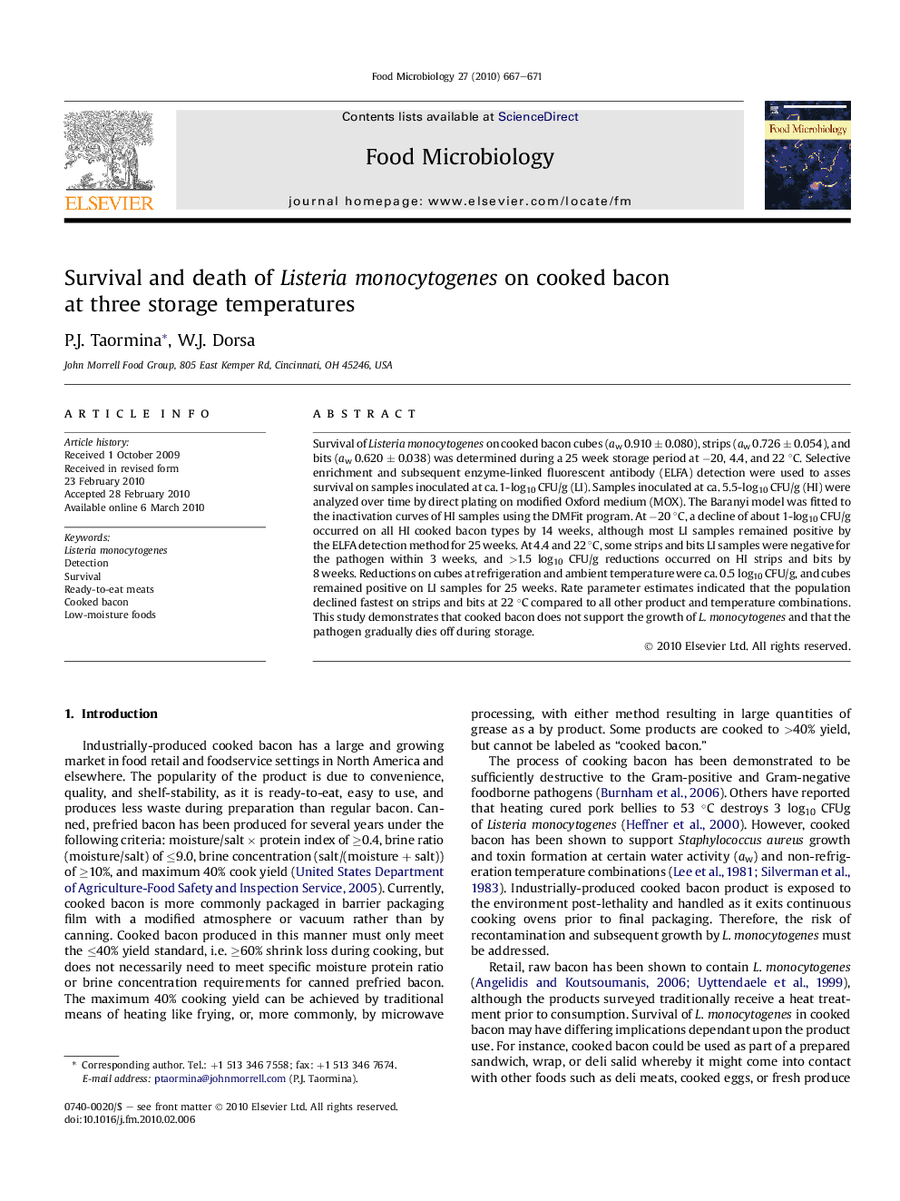 Survival and death of Listeria monocytogenes on cooked bacon at three storage temperatures