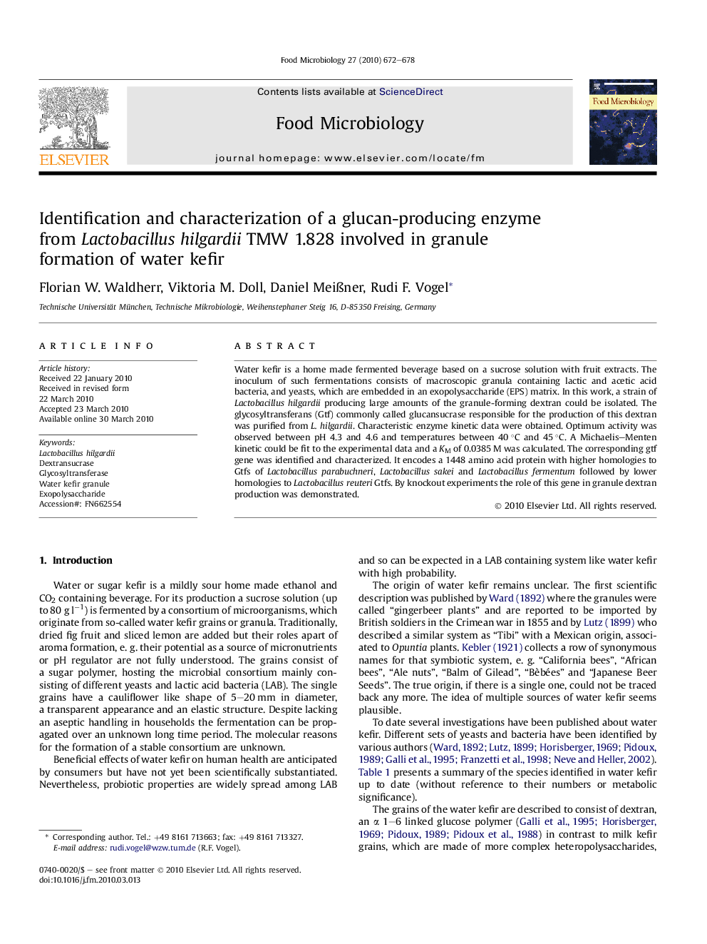 Identification and characterization of a glucan-producing enzyme from Lactobacillus hilgardii TMW 1.828 involved in granule formation of water kefir