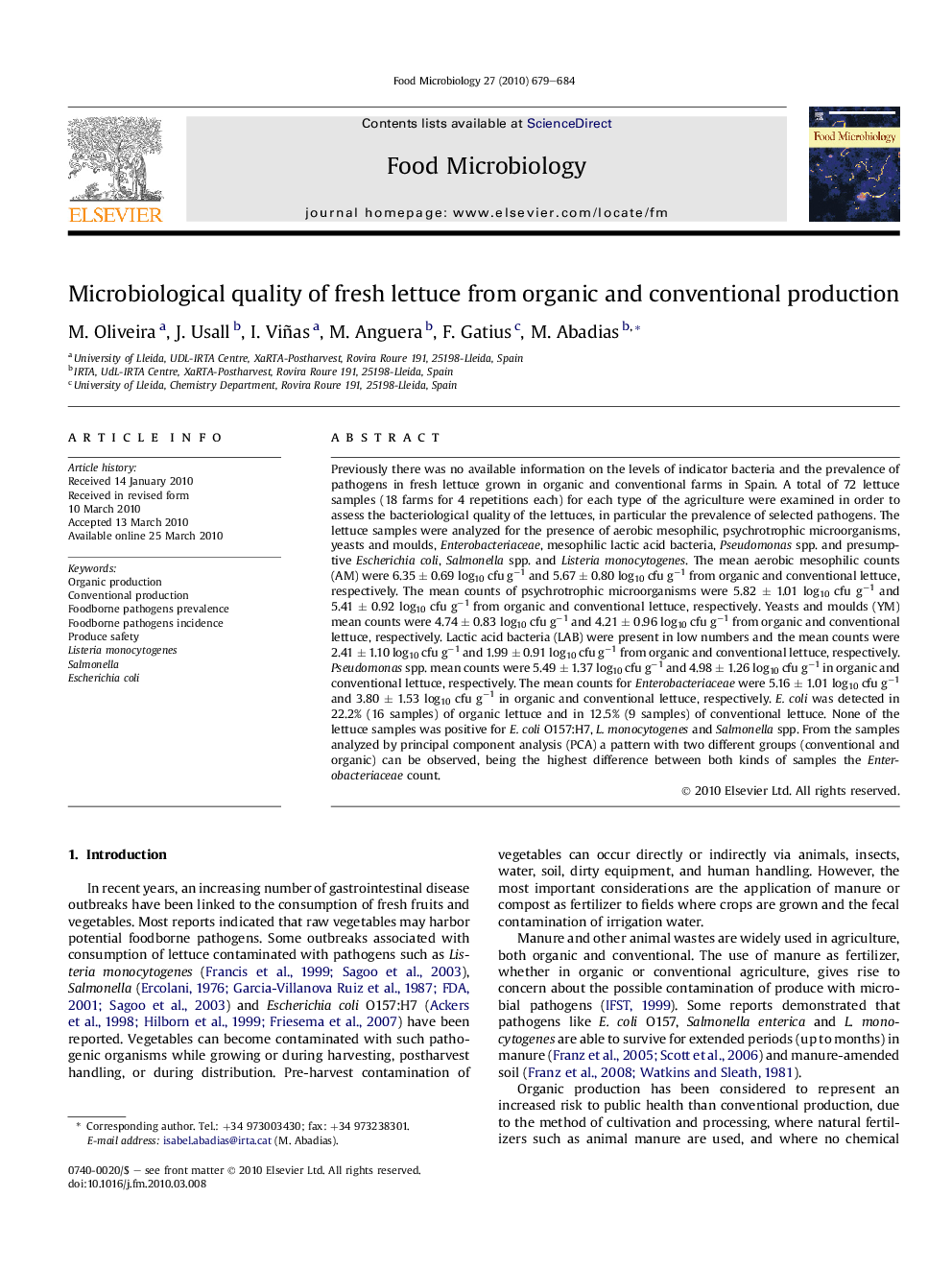 Microbiological quality of fresh lettuce from organic and conventional production