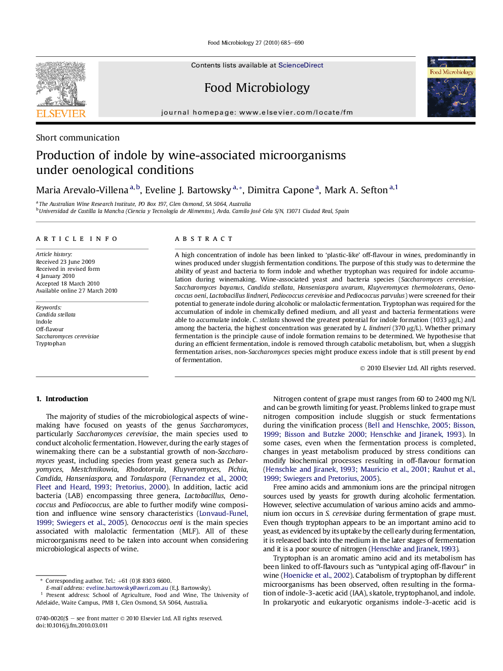 Production of indole by wine-associated microorganisms under oenological conditions