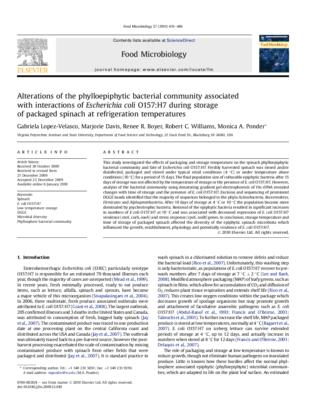 Alterations of the phylloepiphytic bacterial community associated with interactions of Escherichia coli O157:H7 during storage of packaged spinach at refrigeration temperatures