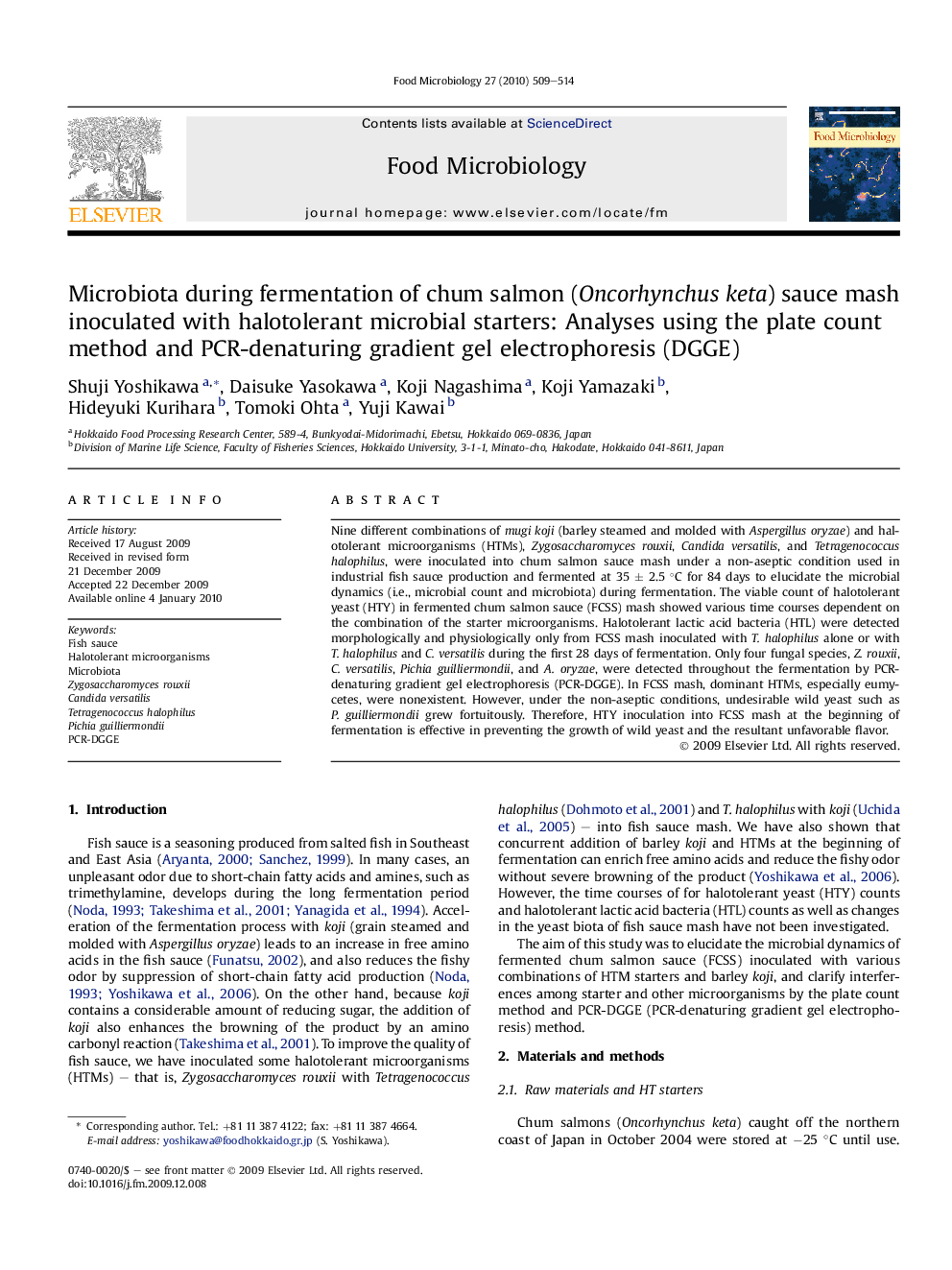 Microbiota during fermentation of chum salmon (Oncorhynchus keta) sauce mash inoculated with halotolerant microbial starters: Analyses using the plate count method and PCR-denaturing gradient gel electrophoresis (DGGE)