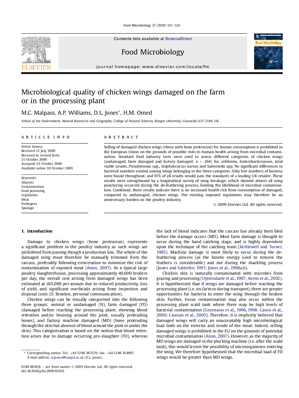 Microbiological quality of chicken wings damaged on the farm or in the processing plant