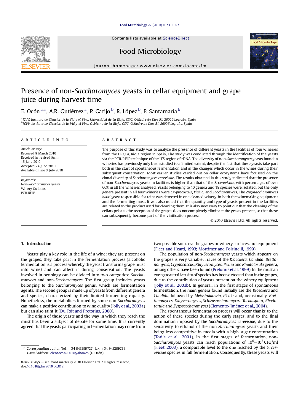 Presence of non-Saccharomyces yeasts in cellar equipment and grape juice during harvest time