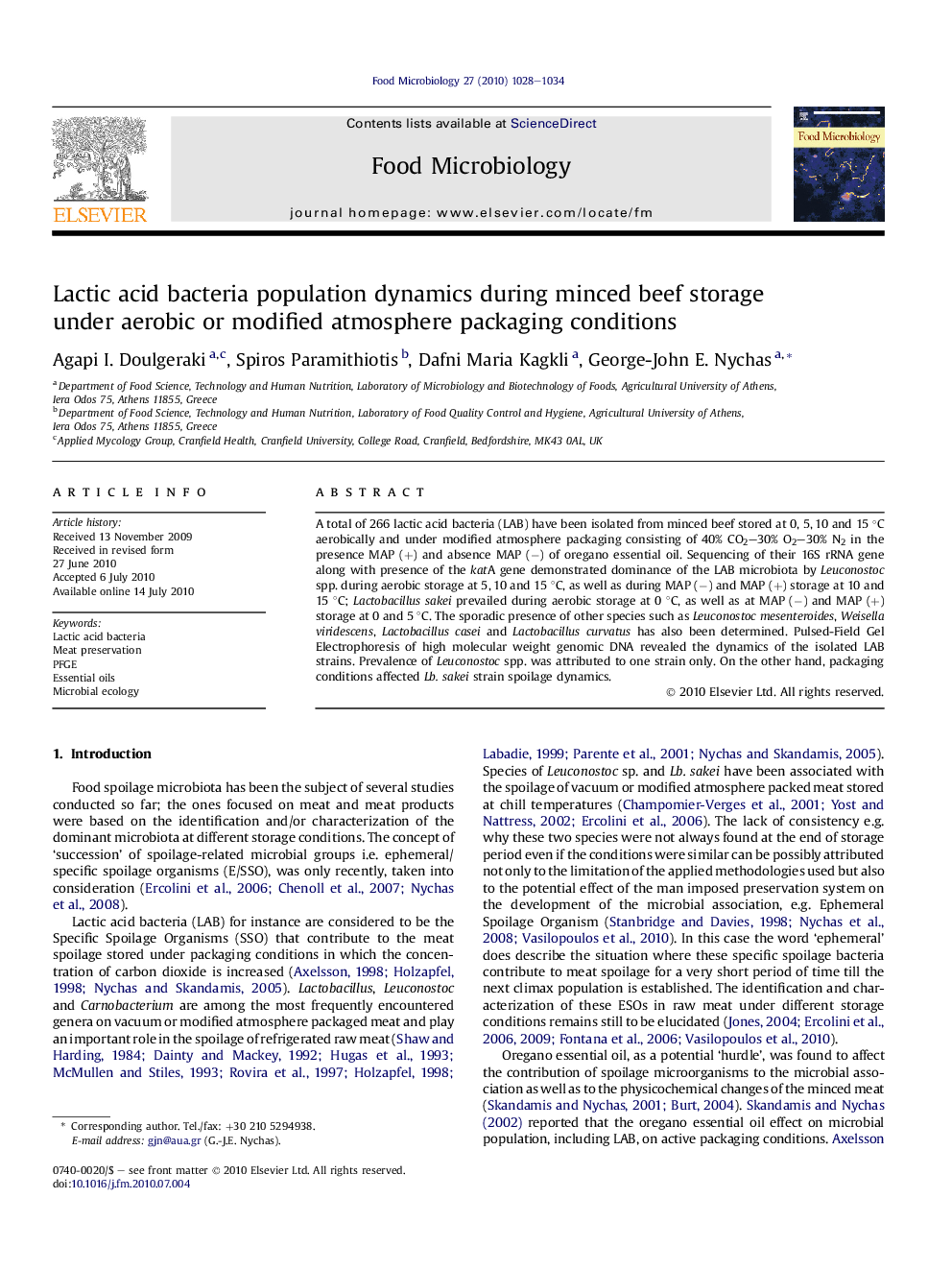 عکس صفحه اول مقاله: Lactic acid bacteria population dynamics during minced beef storage under aerobic or modified atmosphere packaging conditions Lactic acid bacteria population dynamics during minced beef storage under aerobic or modified atmosphere packaging conditions