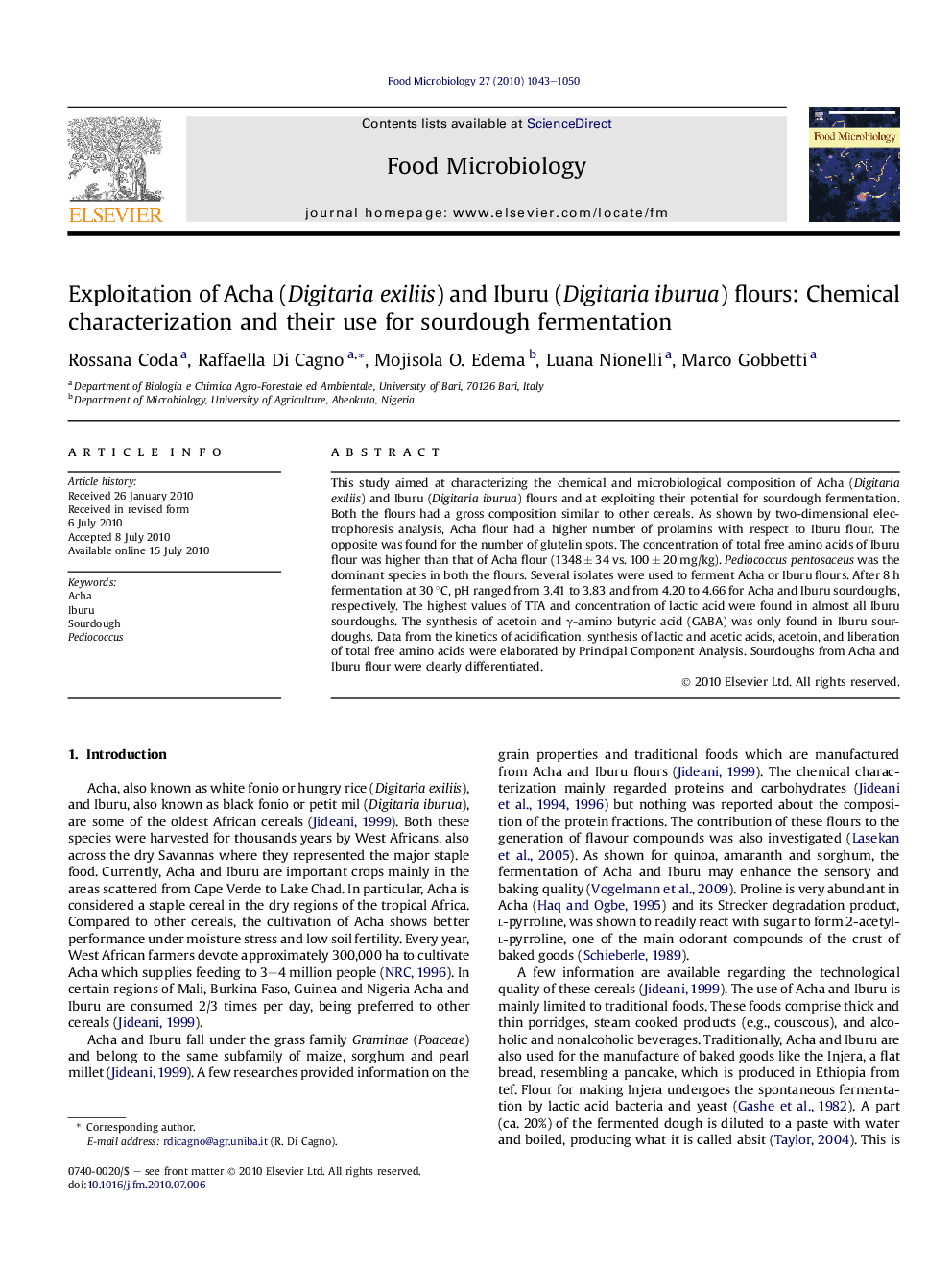 Exploitation of Acha (Digitaria exiliis) and Iburu (Digitaria iburua) flours: Chemical characterization and their use for sourdough fermentation