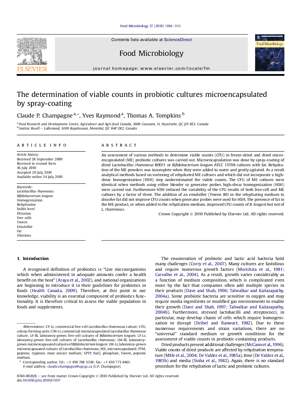 The determination of viable counts in probiotic cultures microencapsulated by spray-coating