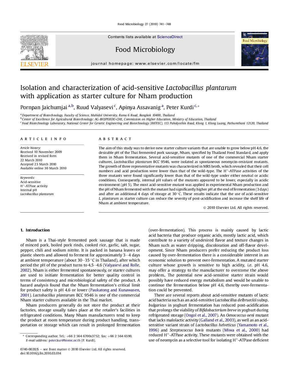 Isolation and characterization of acid-sensitive Lactobacillus plantarum with application as starter culture for Nham production