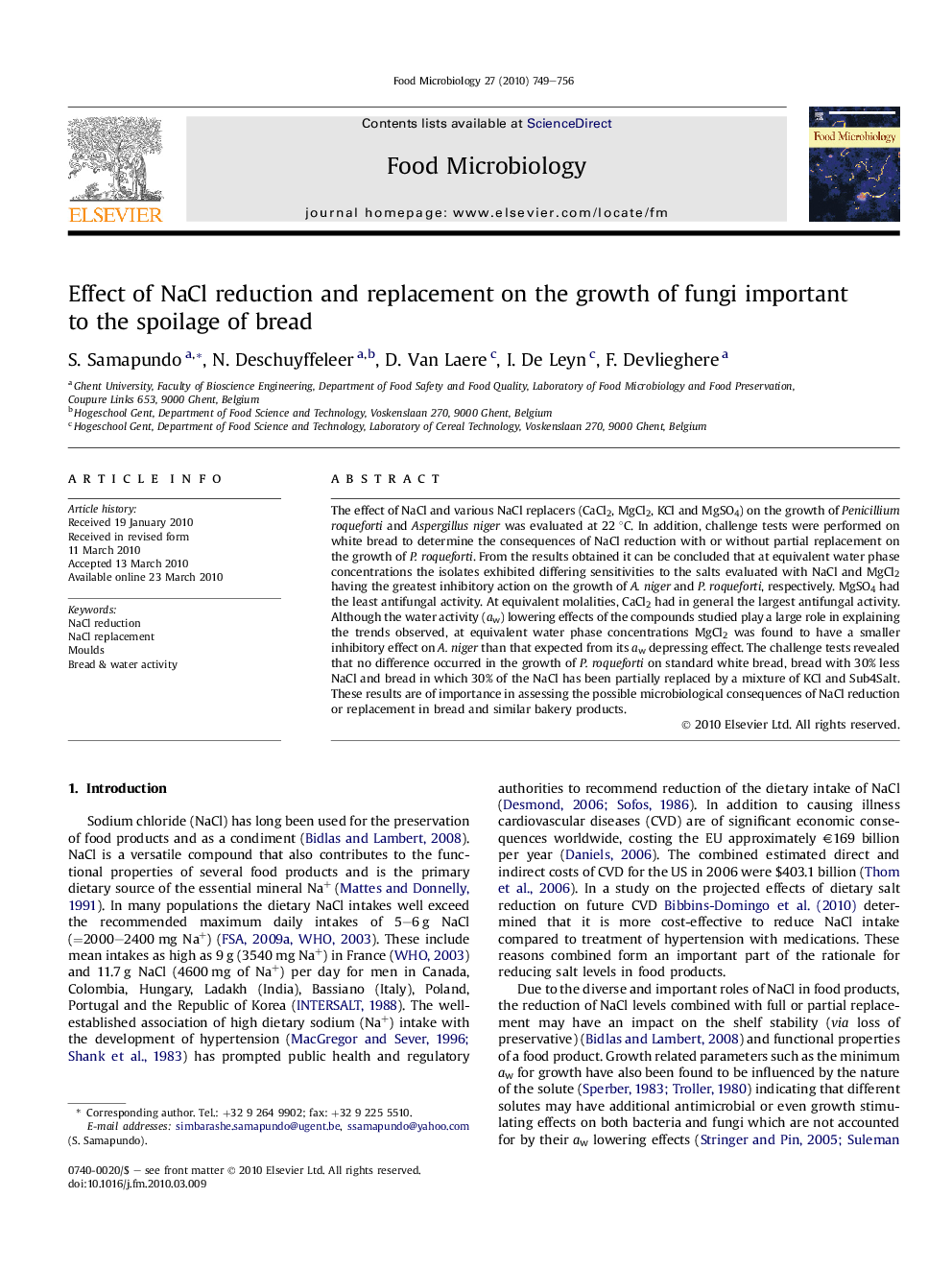 Effect of NaCl reduction and replacement on the growth of fungi important to the spoilage of bread