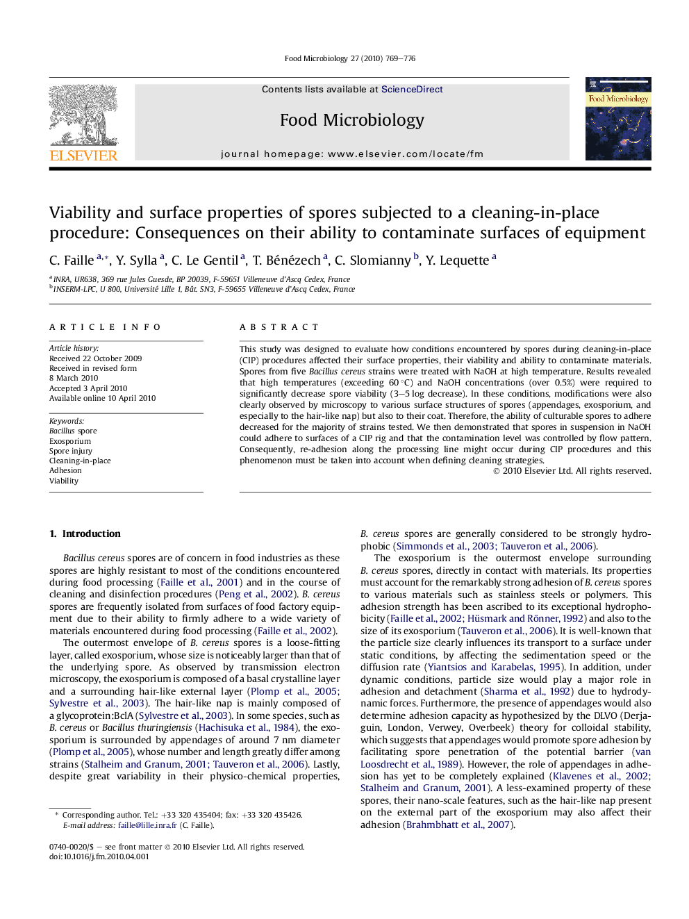 Viability and surface properties of spores subjected to a cleaning-in-place procedure: Consequences on their ability to contaminate surfaces of equipment