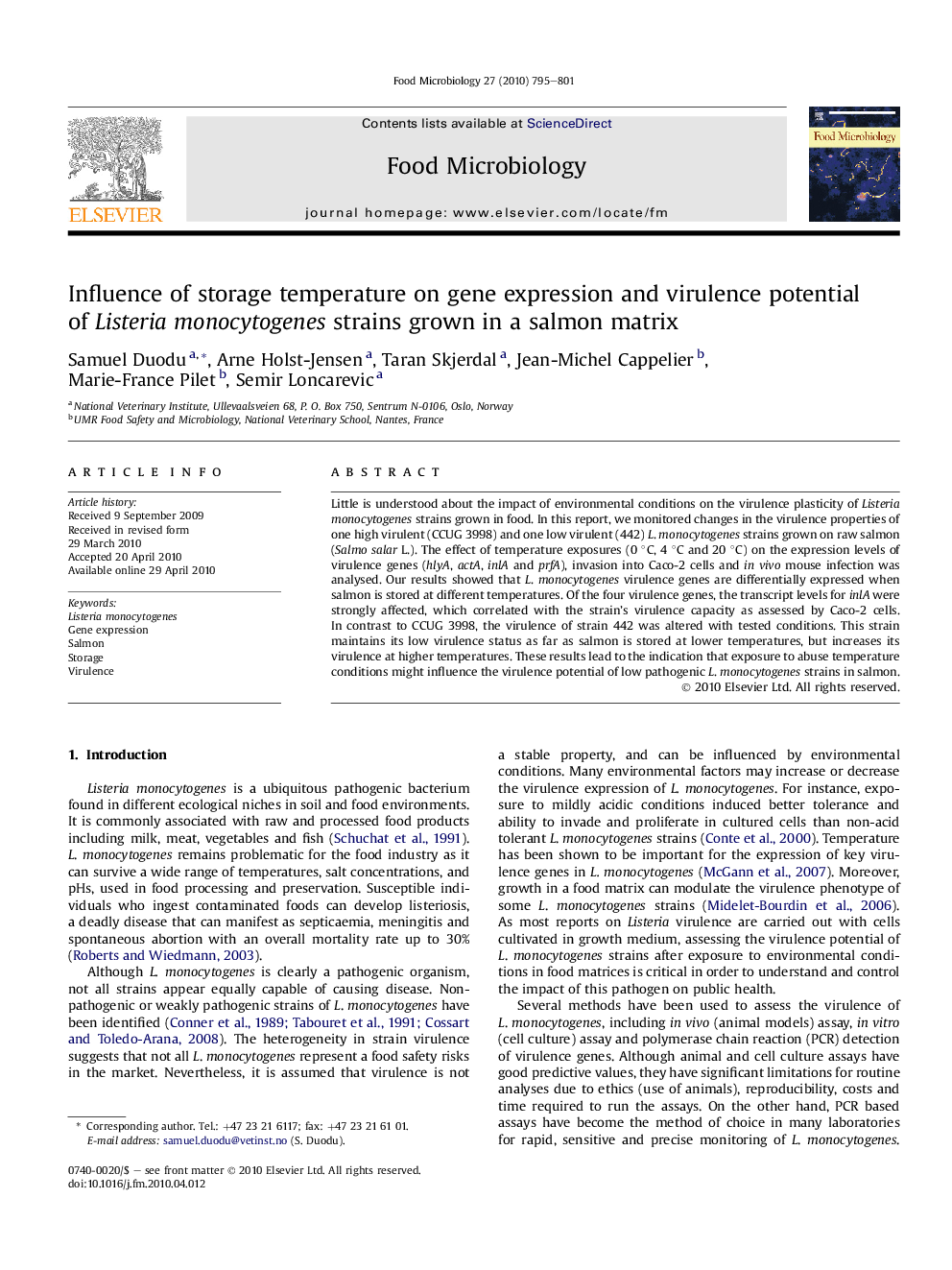 Influence of storage temperature on gene expression and virulence potential of Listeria monocytogenes strains grown in a salmon matrix