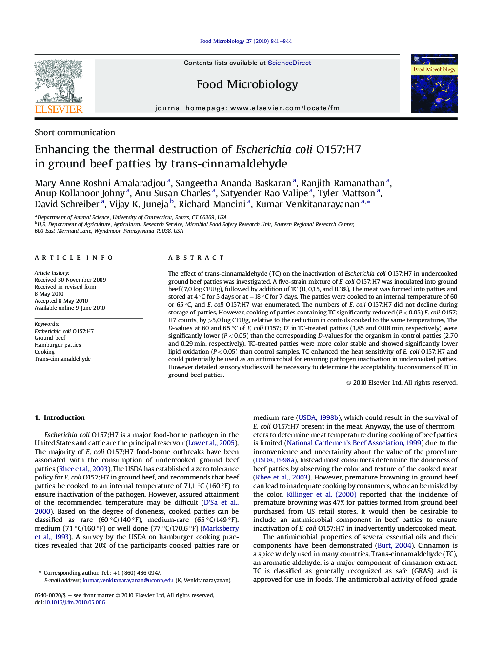 Enhancing the thermal destruction of Escherichia coli O157:H7 in ground beef patties by trans-cinnamaldehyde