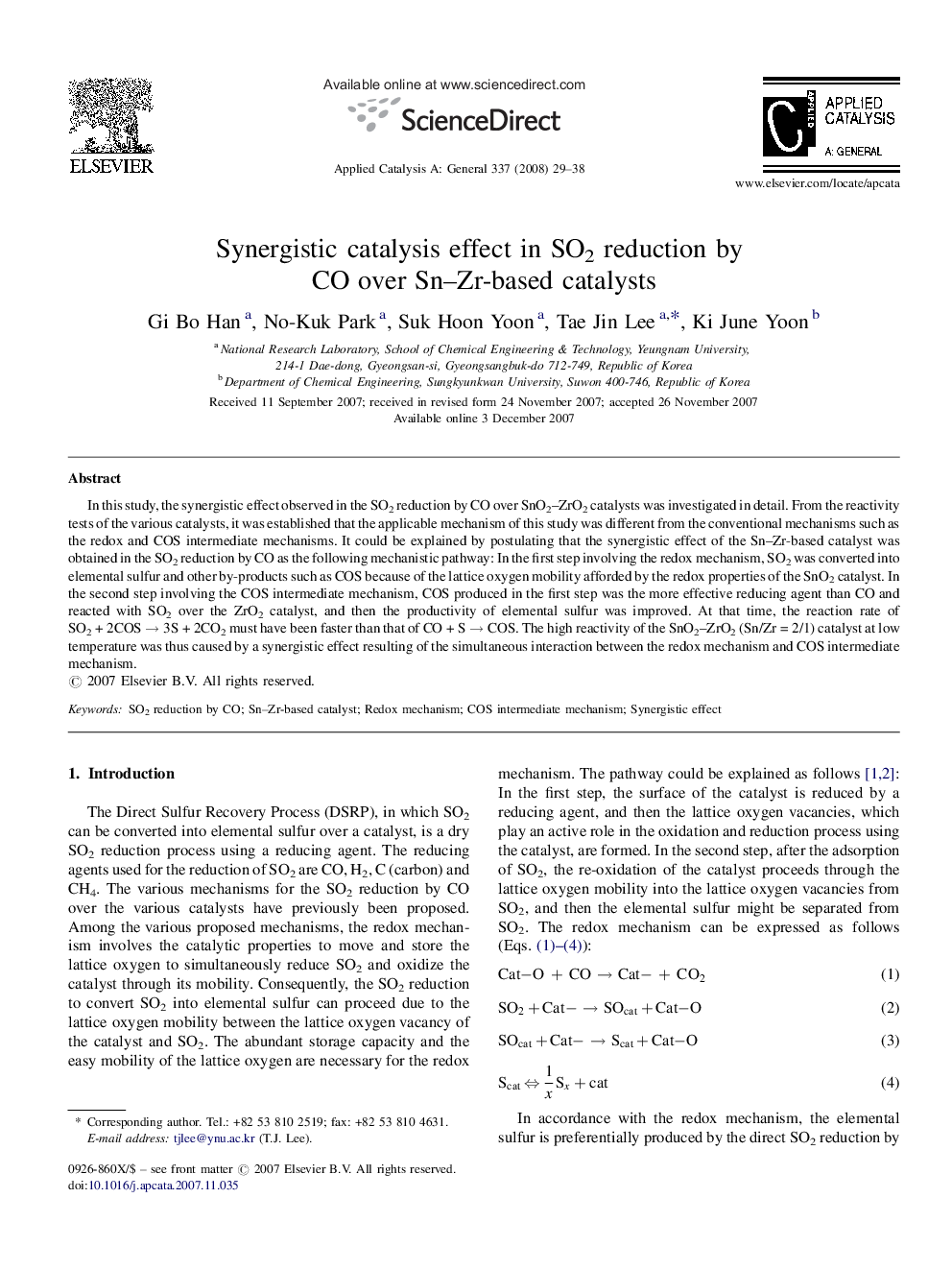 Synergistic catalysis effect in SO2 reduction by CO over Sn–Zr-based catalysts