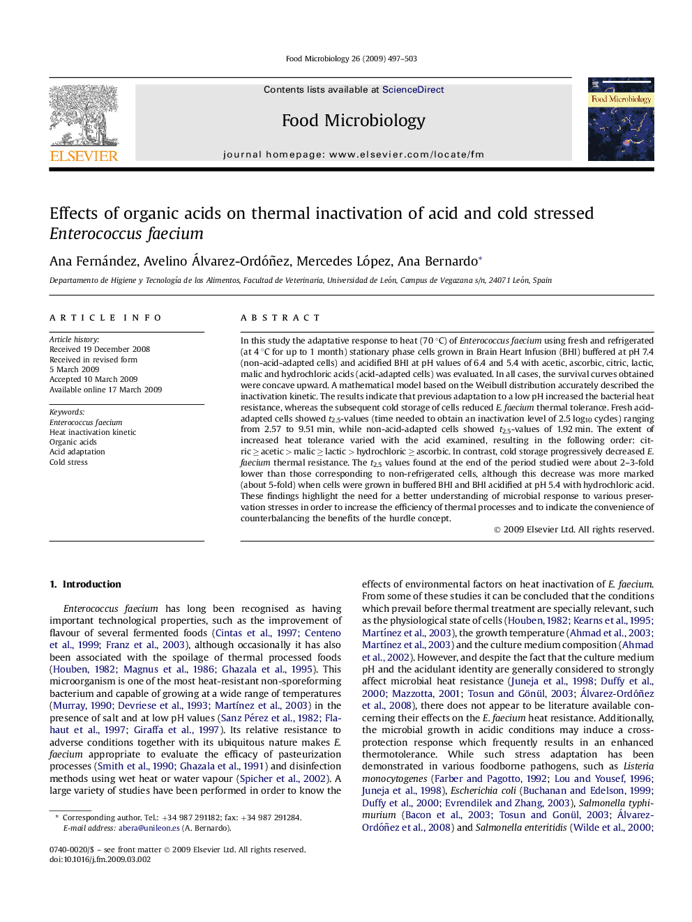 Effects of organic acids on thermal inactivation of acid and cold stressed Enterococcus faecium