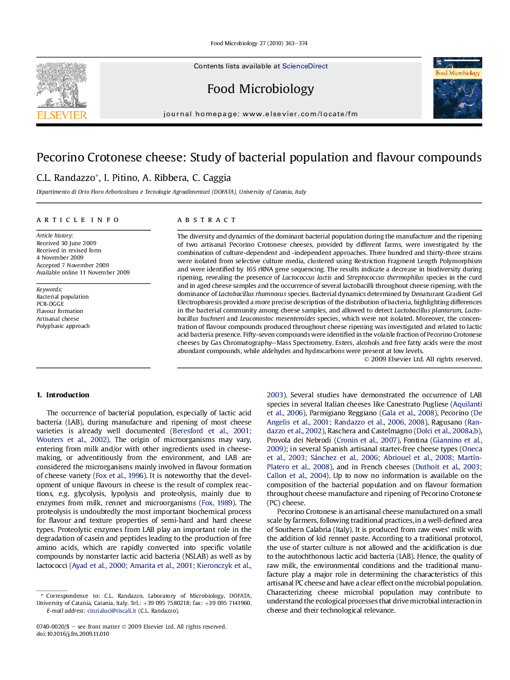 Pecorino Crotonese cheese: Study of bacterial population and flavour compounds