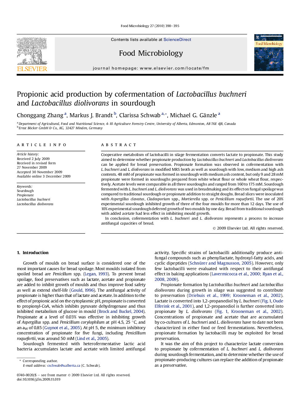 Propionic acid production by cofermentation of Lactobacillus buchneri and Lactobacillus diolivorans in sourdough